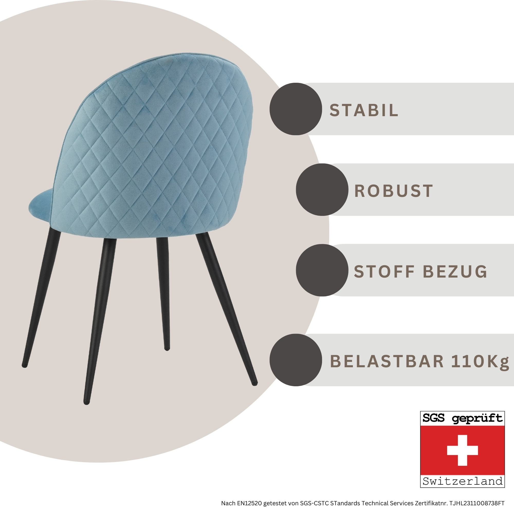 Blauer Stuhl mit schwarzen Beinen, Rautenmuster auf der Rückenlehne. Text: STABIL, ROBUST, STOFF BEZUG, BELASTBAR 110Kg.