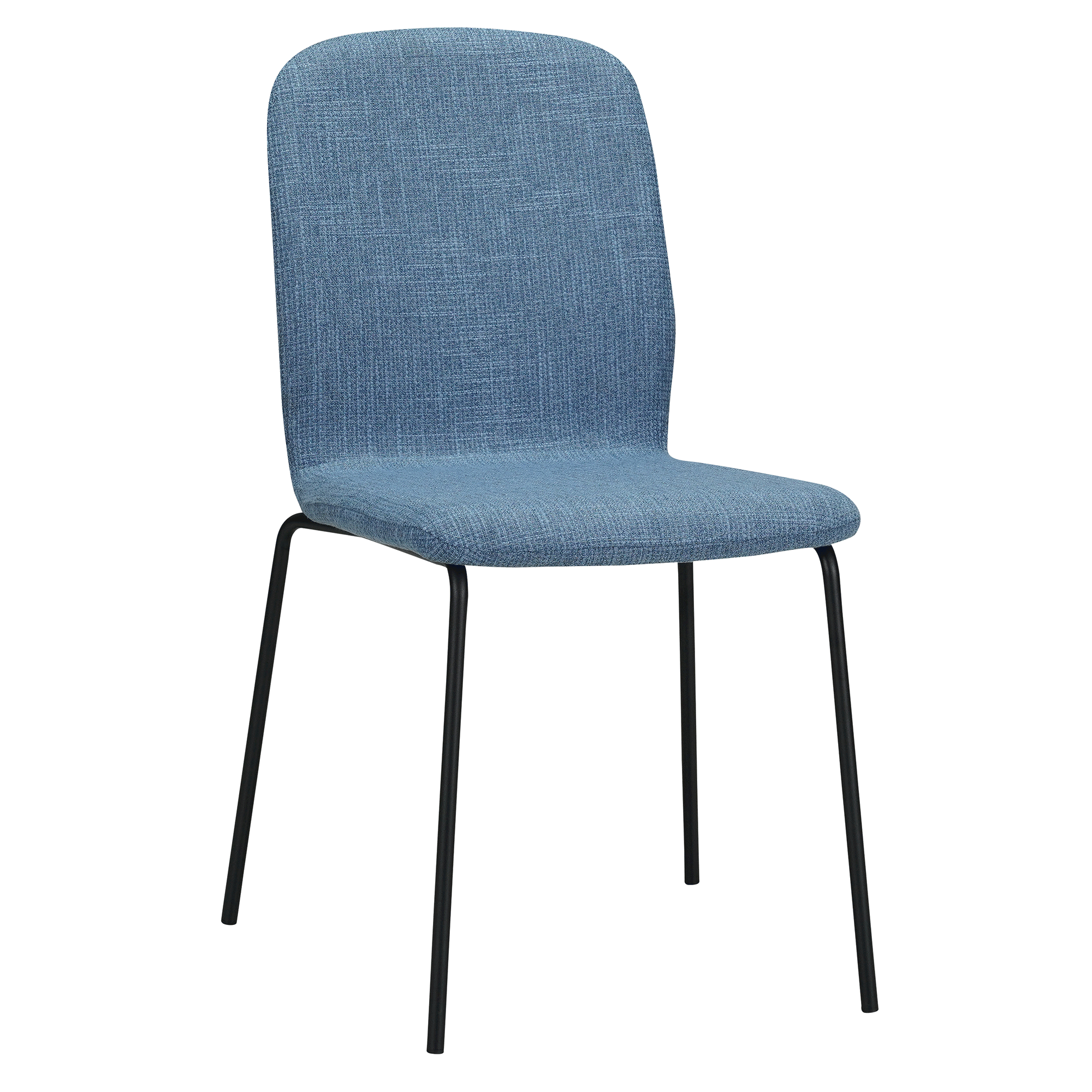 Blauer Stuhl mit schwarzen Beinen. Einfaches Design mit blauem Sitz und Rücken, schwarzem Gestell. Weißer Hintergrund.