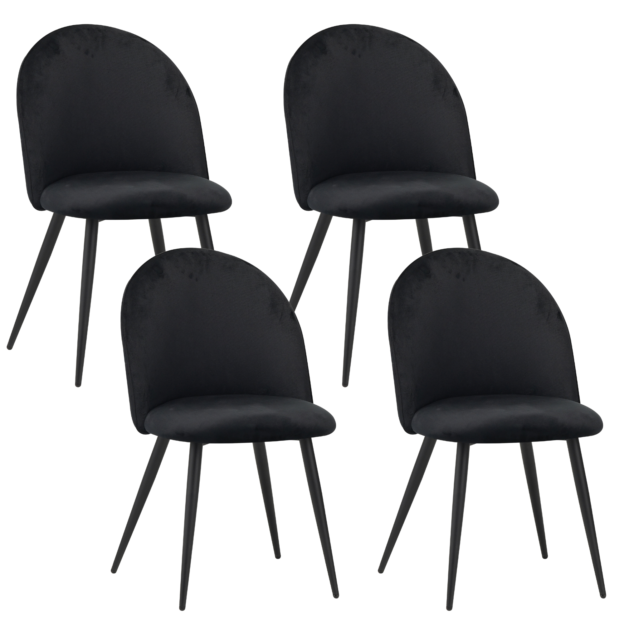 Vier schwarze Stühle. Schwarze Beine, abgerundete Rücken, Samtstoff.