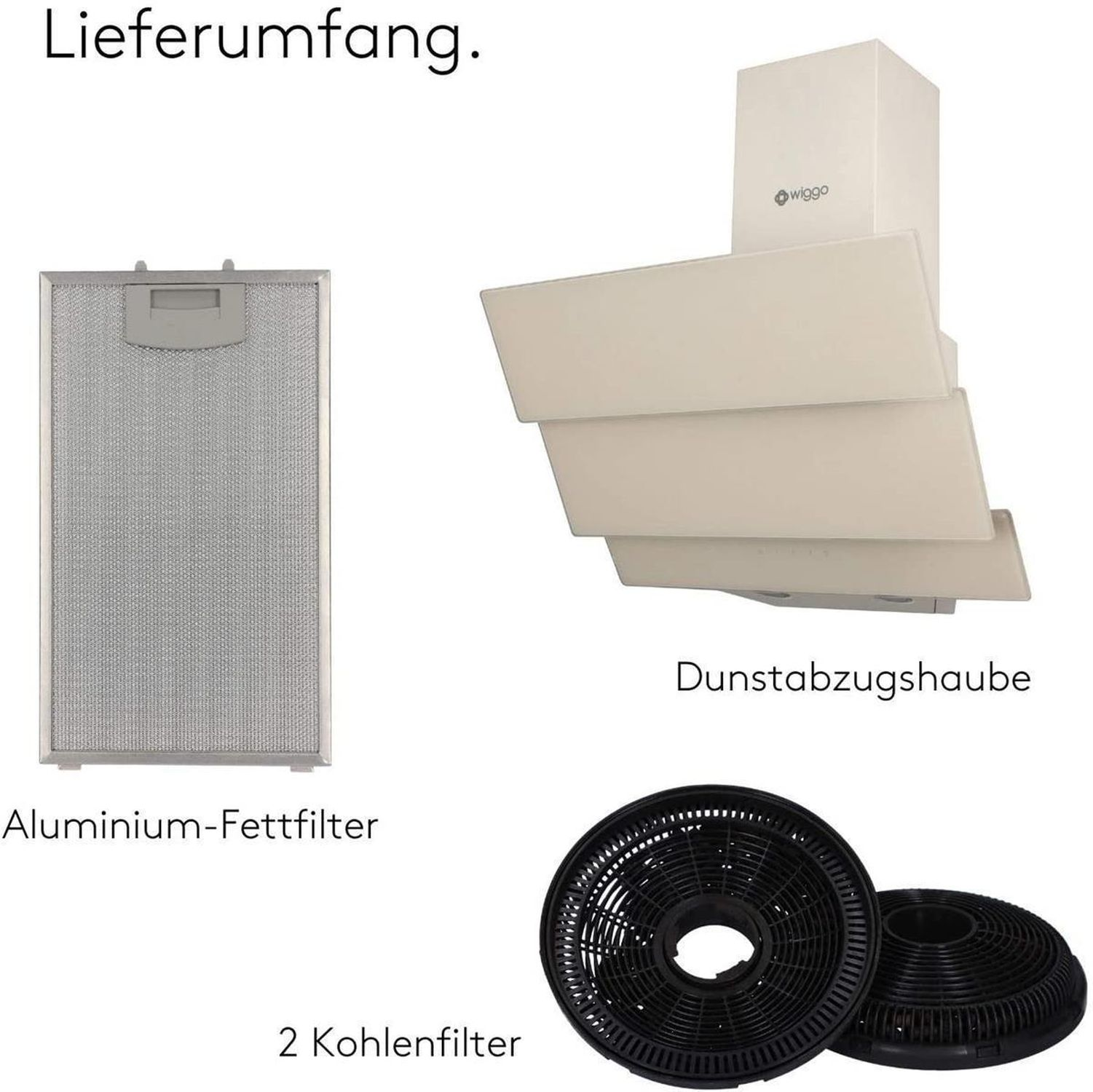 Hotte de cuisine avec filtre et deux filtres à charbon. Texte en allemand.