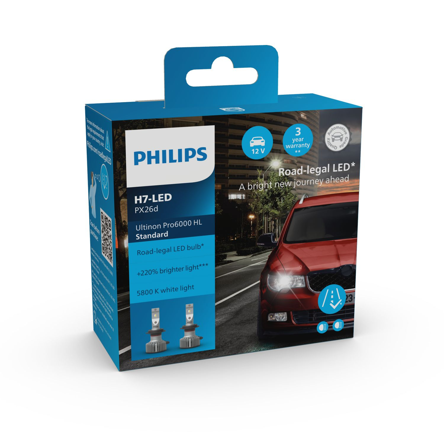 Schachtel mit Philips H7-LED-Autolampen. Die Schachtel enthält Produktdetails und ein Bild eines roten Autos.