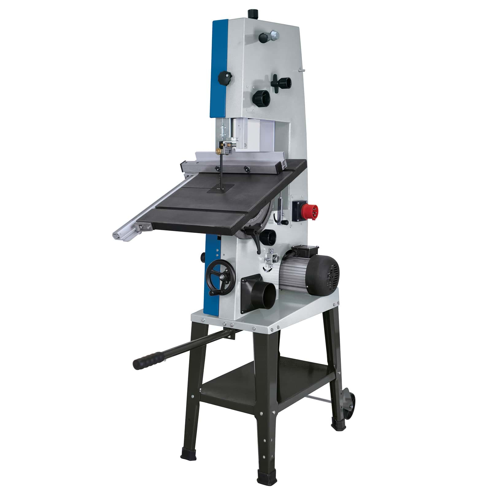 Lintzaag met blauw en grijs frame. Het heeft een zwarte tafel en basis. Er is een handvat.