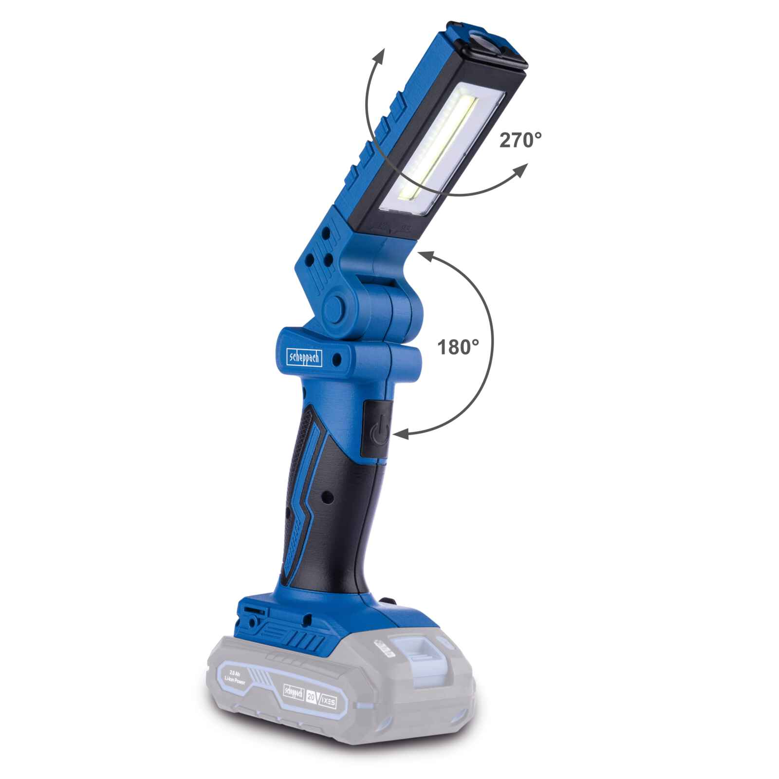 A blue and black handheld work light with a battery. It has adjustable angles and a handle.