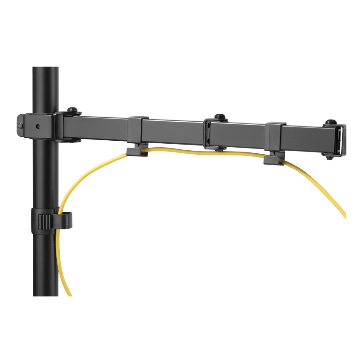 A black monitor mount with a yellow cable. It has a clamp, a vertical pole, and an arm.