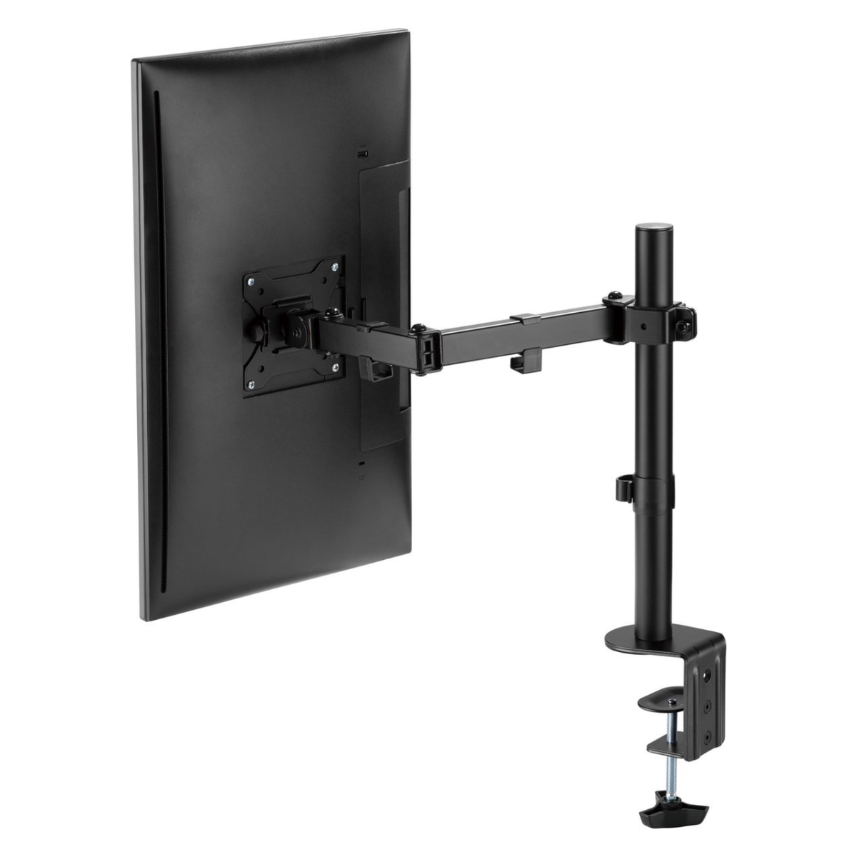 Black monitor mount with a monitor attached. It has a clamp, a vertical pole, and an arm.