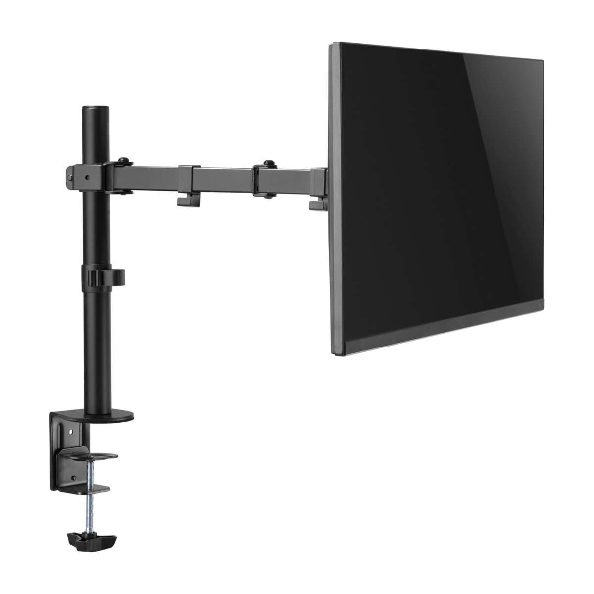 Black monitor mount with a monitor attached. It has a clamp, a vertical pole, and an arm.