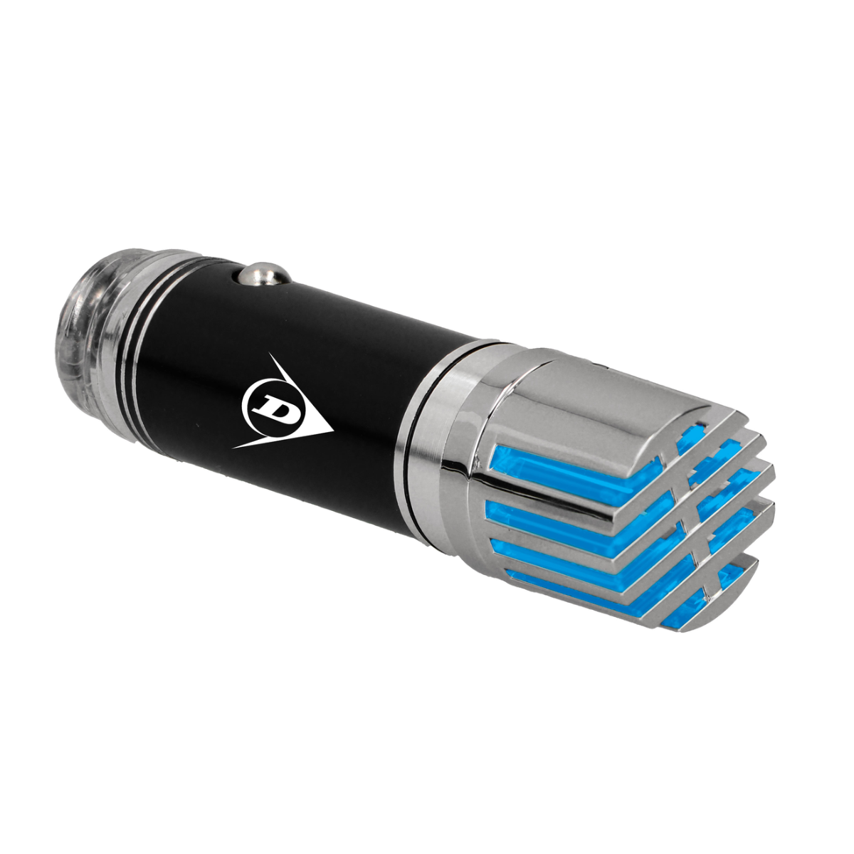 Zwarte auto-geurverfrisser, zilveren dop, Dunlop-logo, blauw licht.