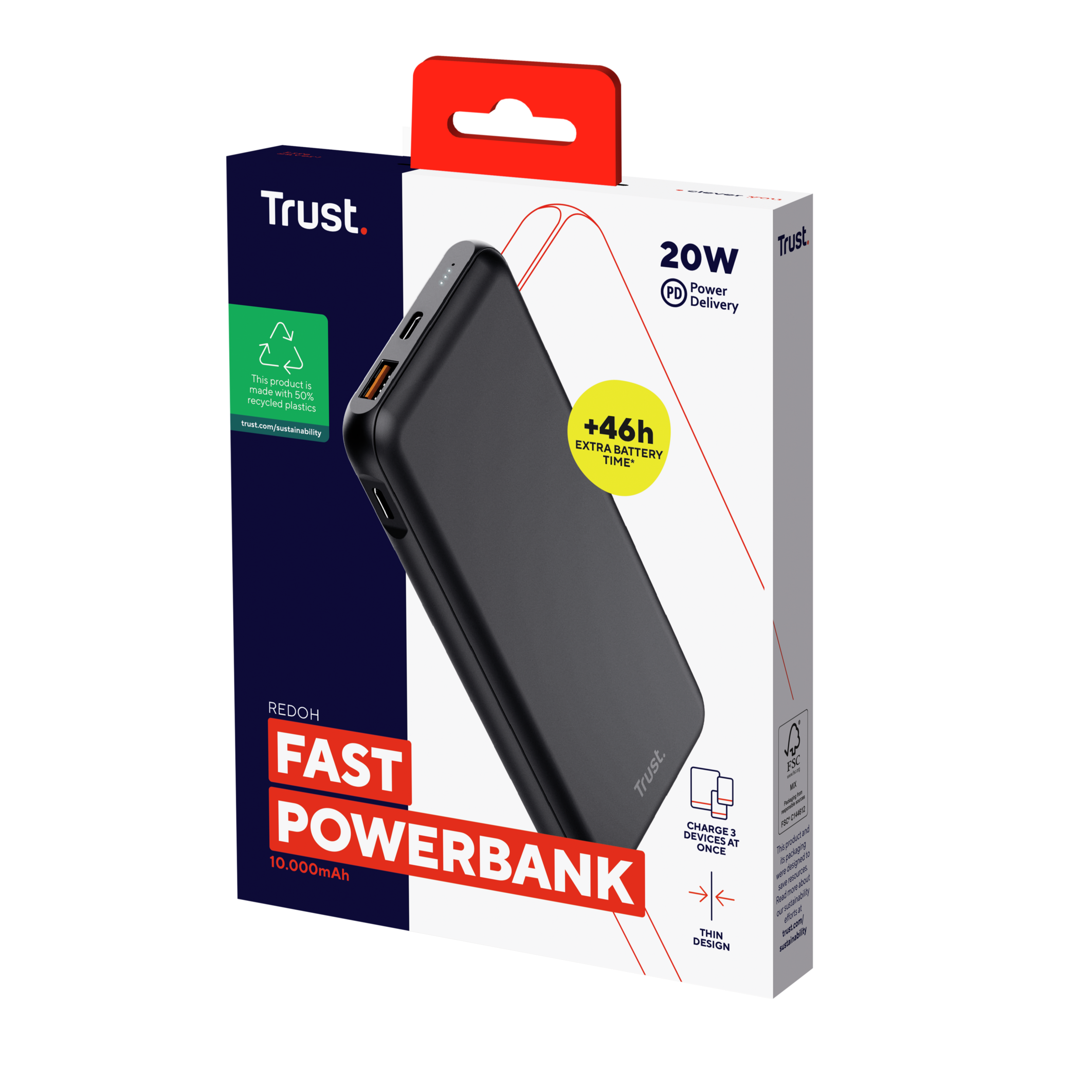 Zwarte powerbank met een zwarte doos. De doos toont de functies en het ontwerp van de powerbank.