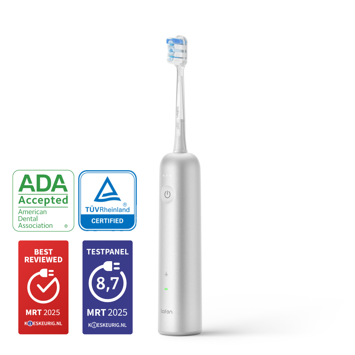 Srebrna elektryczna szczoteczka do zębów z niebieskim włosiem, wieloma logotypami i znakami certyfikacji na białym tle.