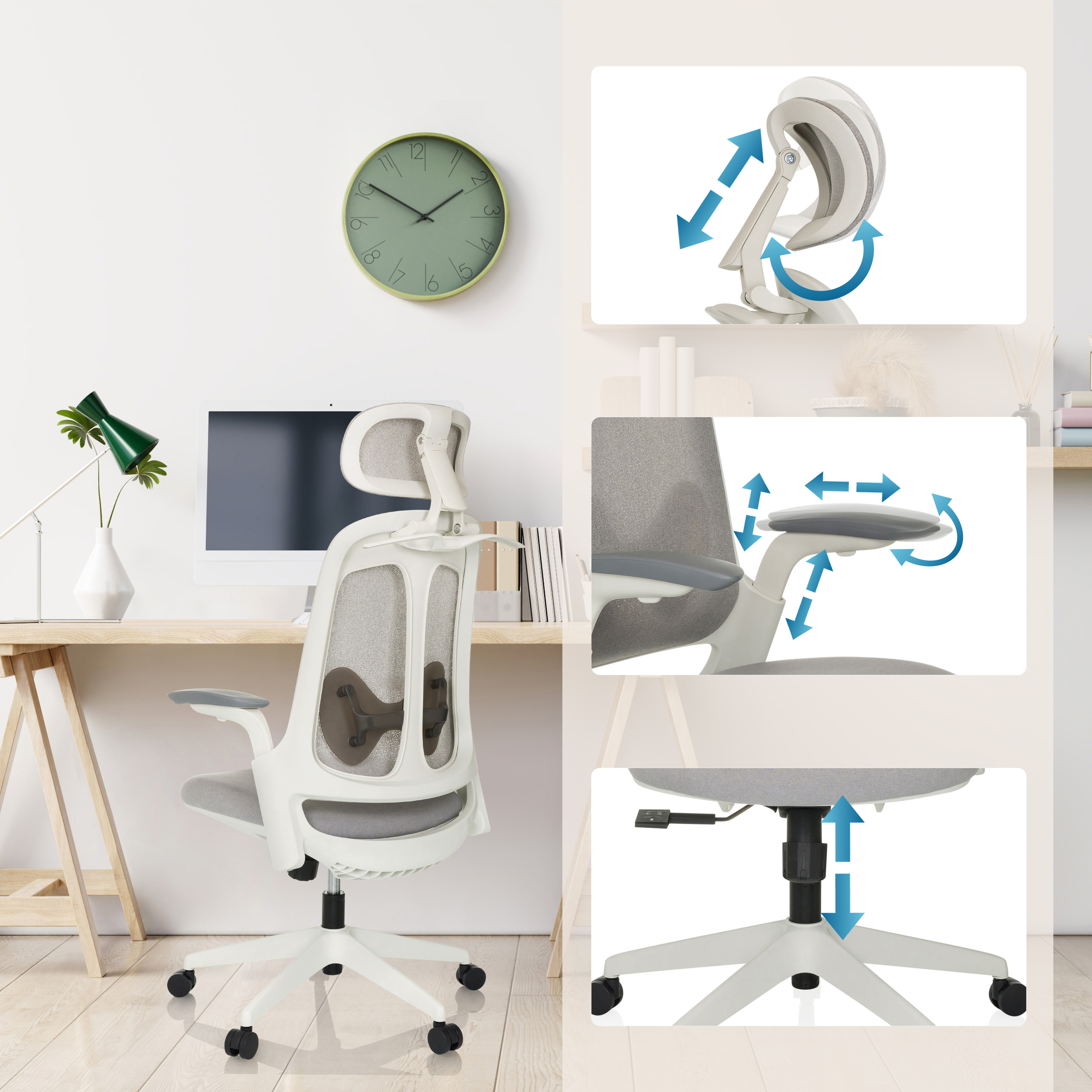Bürostuhl mit verstellbaren Funktionen, Schreibtisch, Uhr und dekorativen Gegenständen.