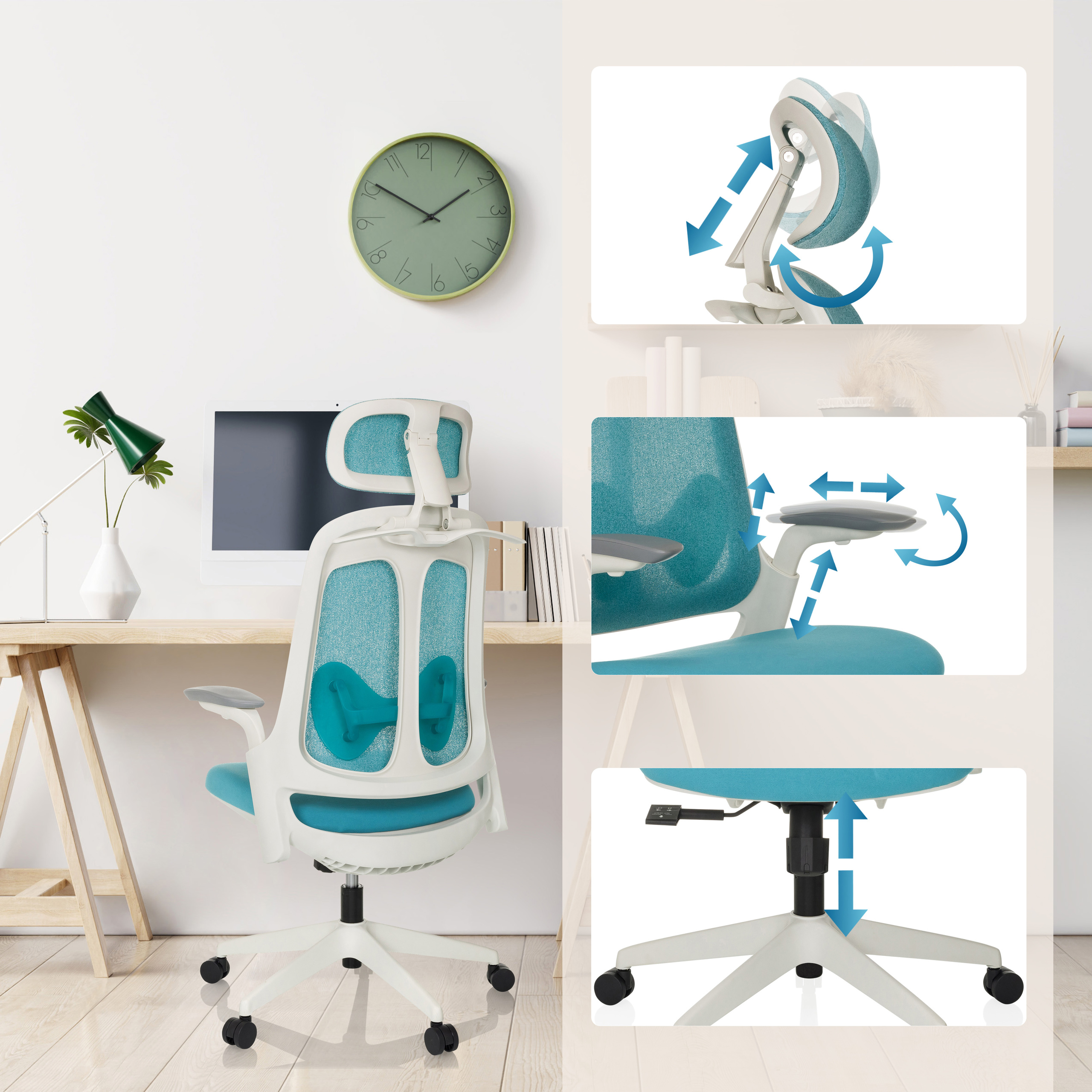 Weiß-blauer Bürostuhl mit verstellbaren Teilen, Uhr und Monitor.