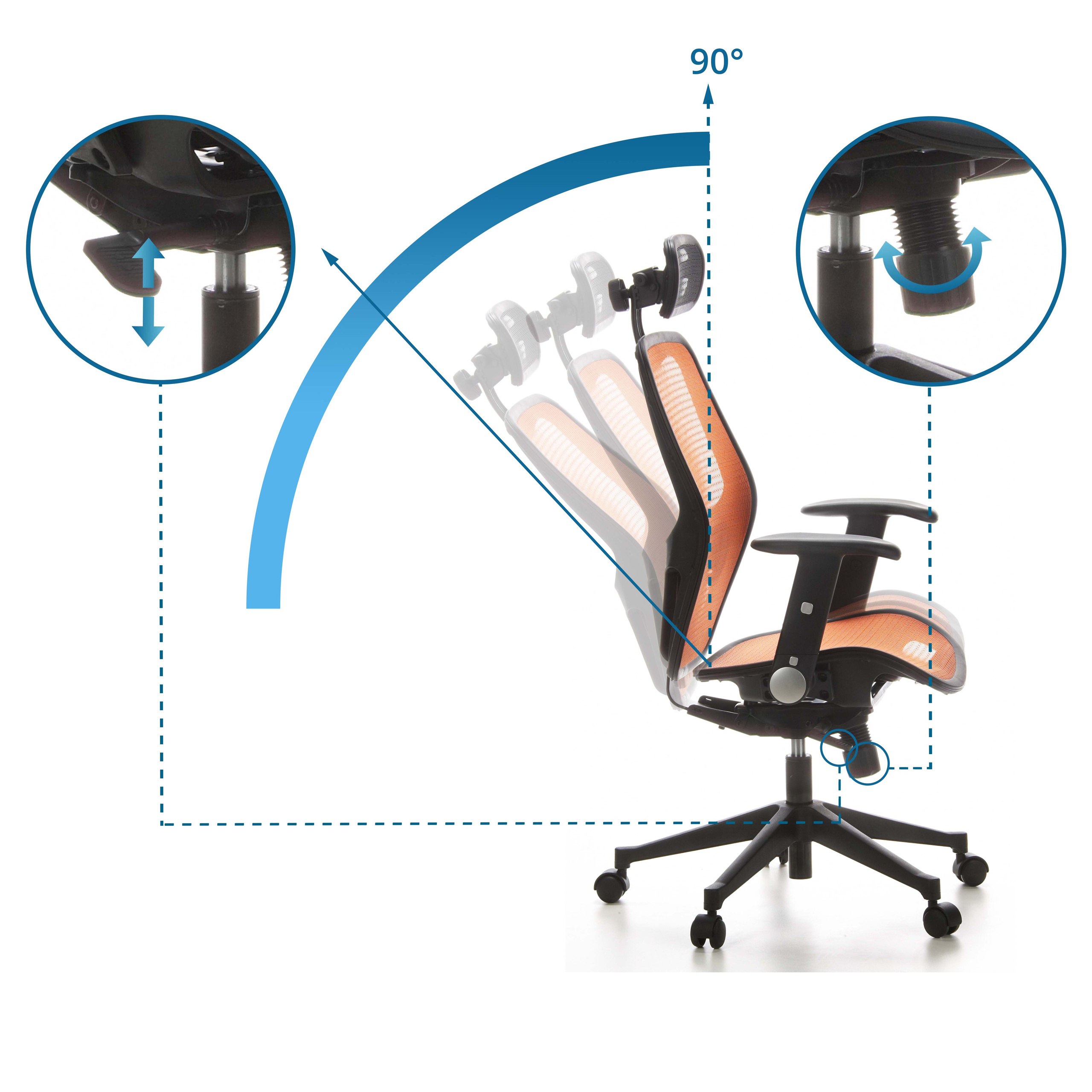 Ein Bürostuhl mit orangefarbener Rückenlehne und schwarzem Rahmen, mit Diagrammen.