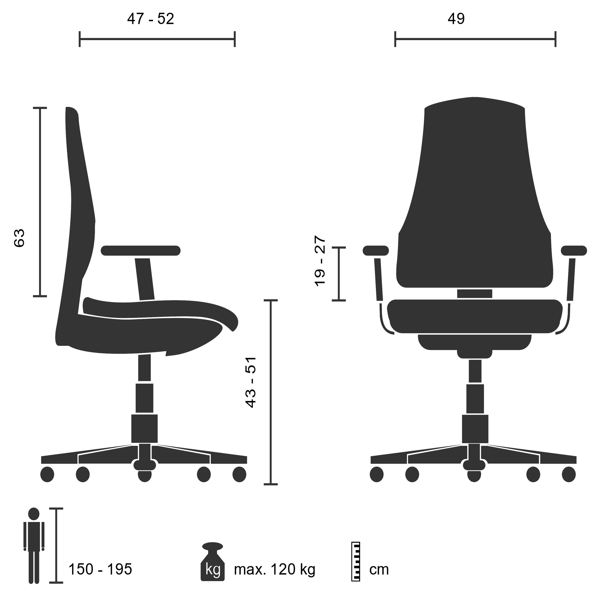 Diagramm von zwei Bürostühlen mit Abmessungen in cm. Zeigt auch einen Personen-Höhenbereich und max. Gewicht.