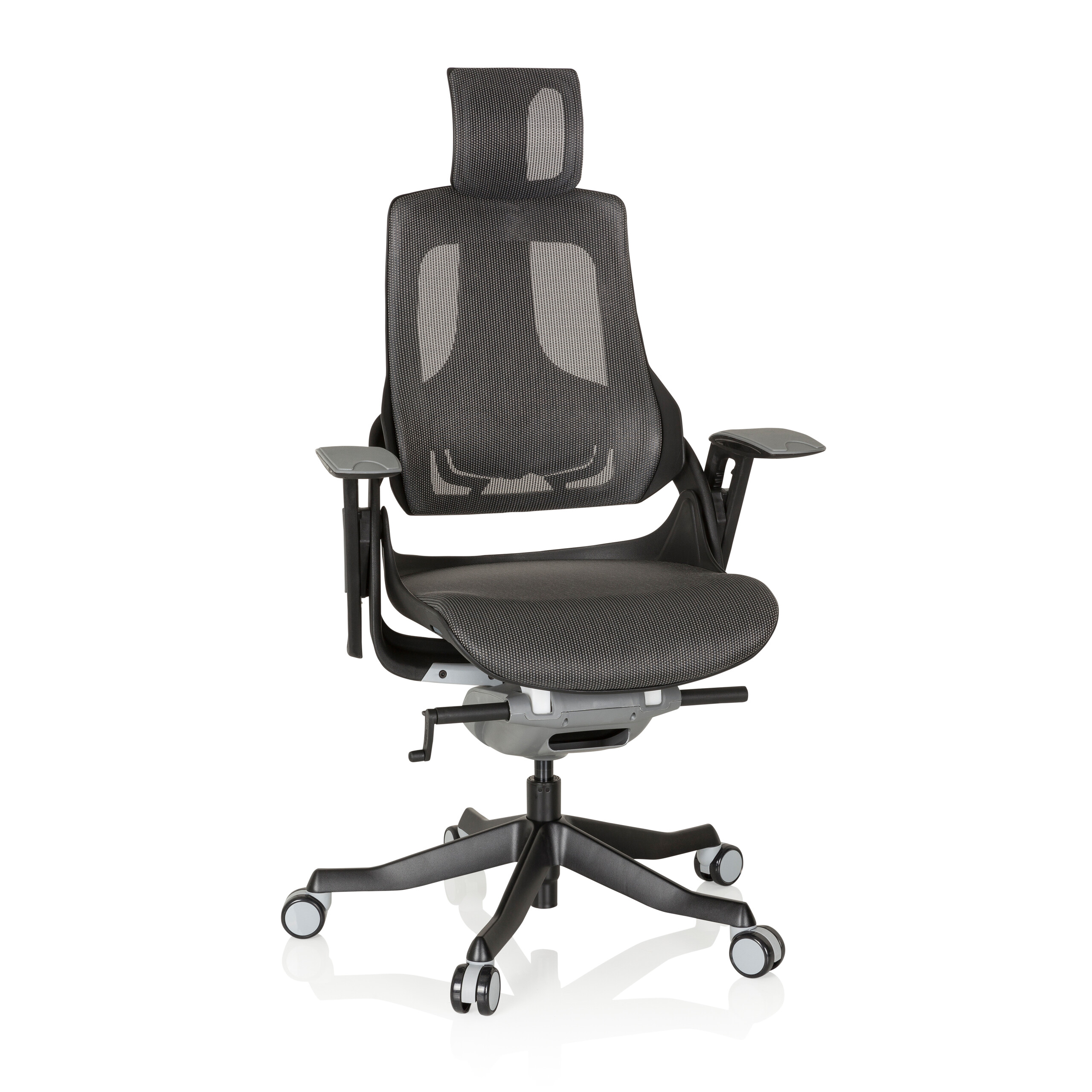 Ein ergonomischer Bürostuhl mit Netzrücken und Kopfstütze. Er hat Armlehnen, einen Sitz und Räder.
