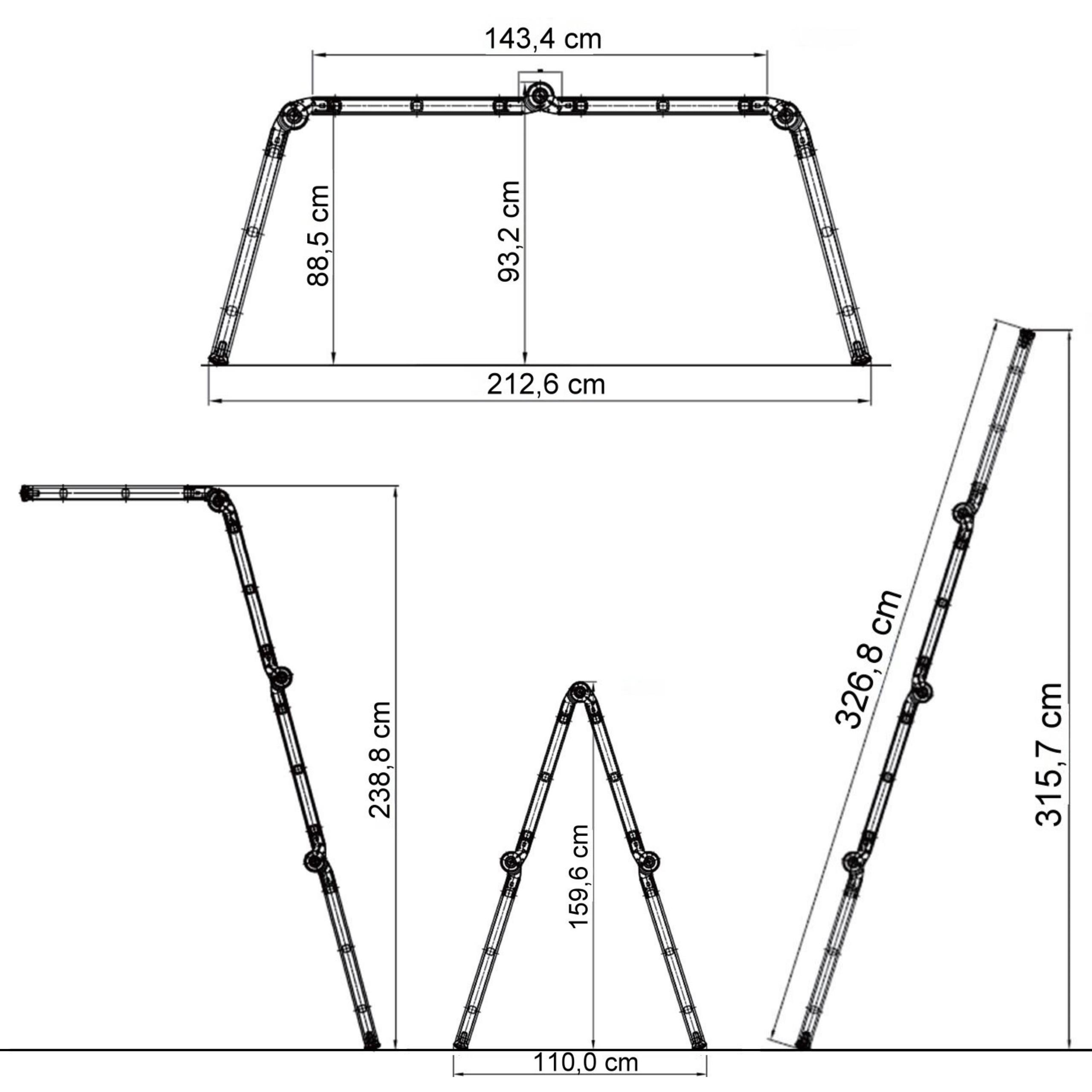 Diagramm einer Mehrpositionsleiter mit verschiedenen Winkeln und Abmessungen.