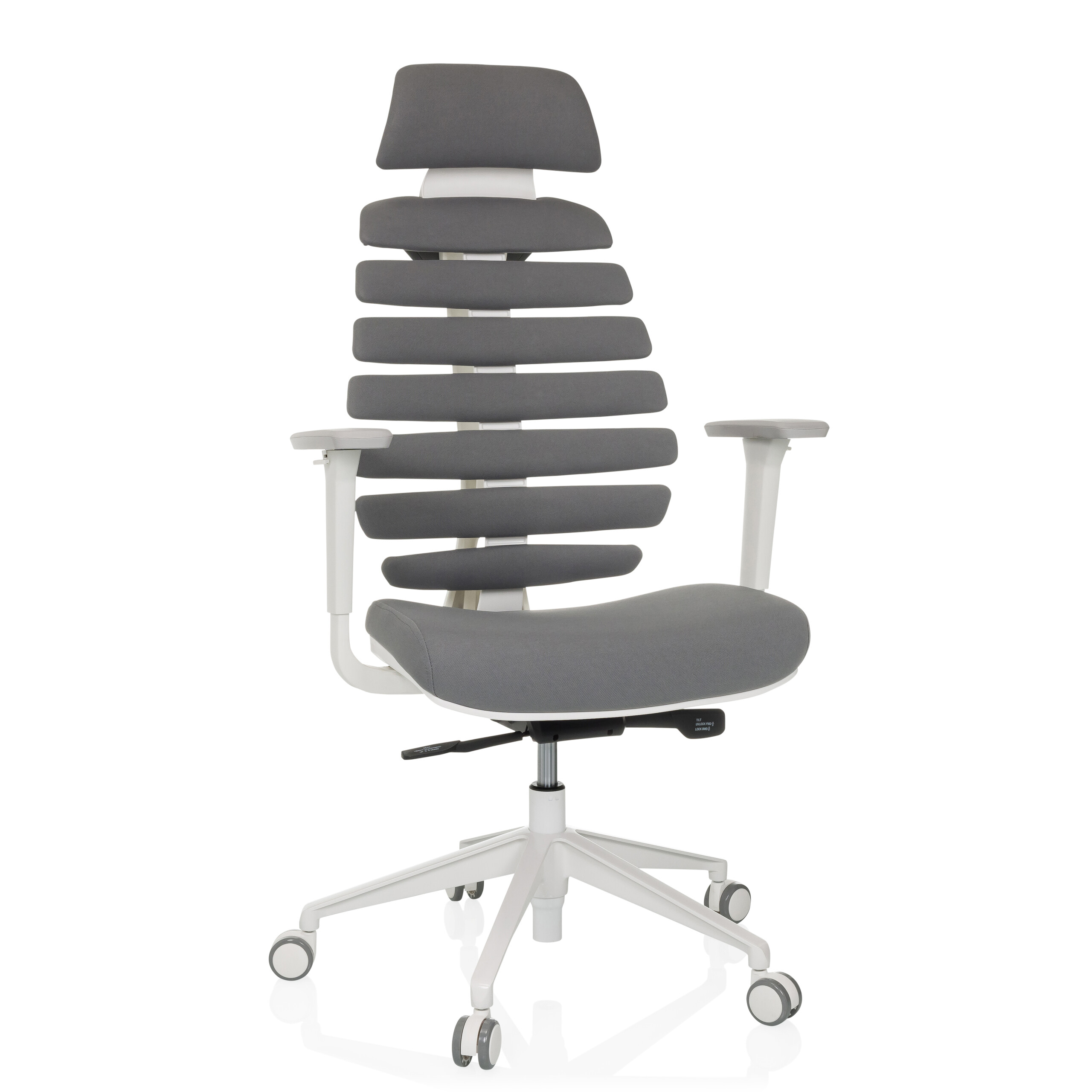Moderner grau-weißer Bürostuhl mit einzigartigem Rückendesign und Armlehnen.