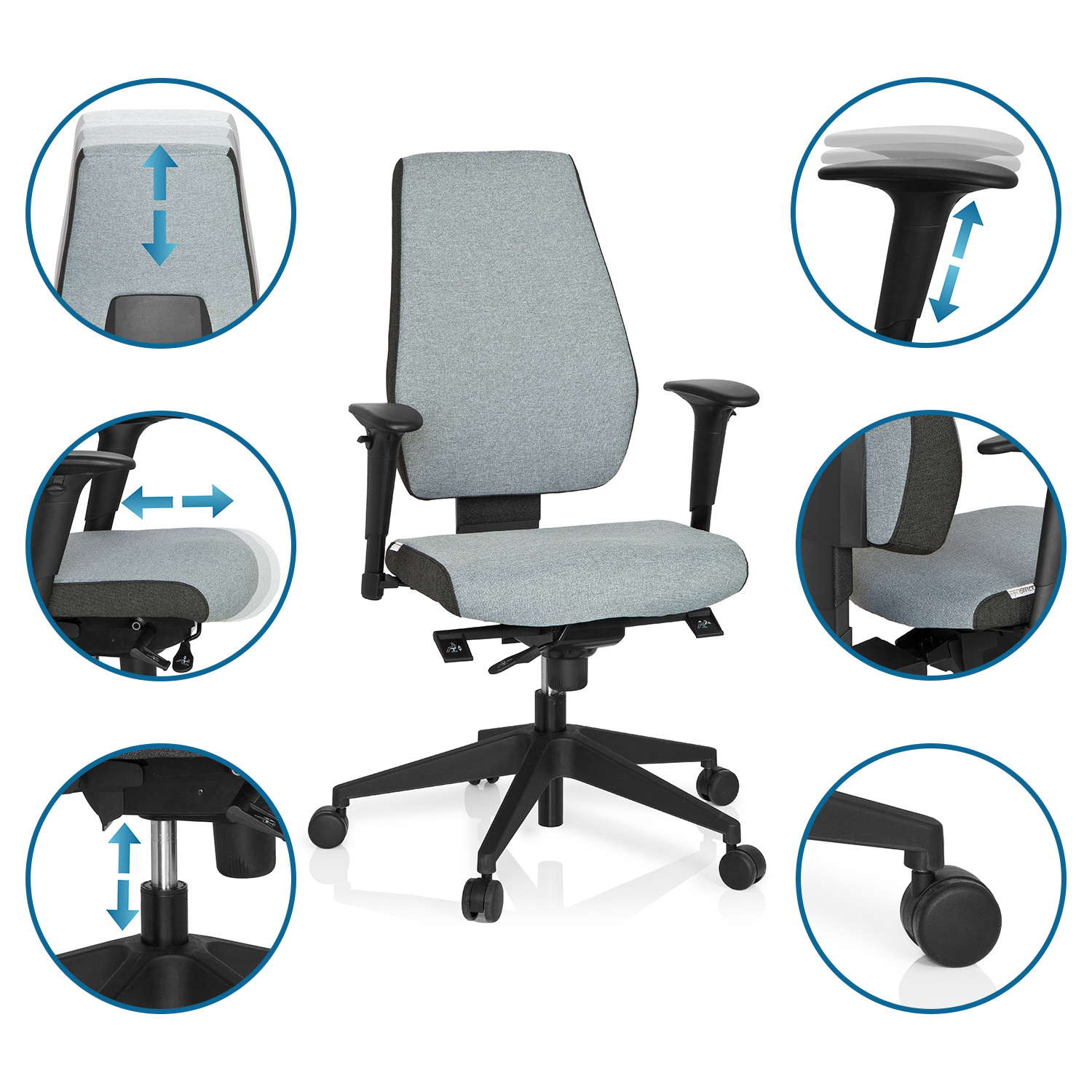 Bürostuhl mit grauem Stoffsitz und Rückenlehne, schwarzen Armlehnen und Rollen.