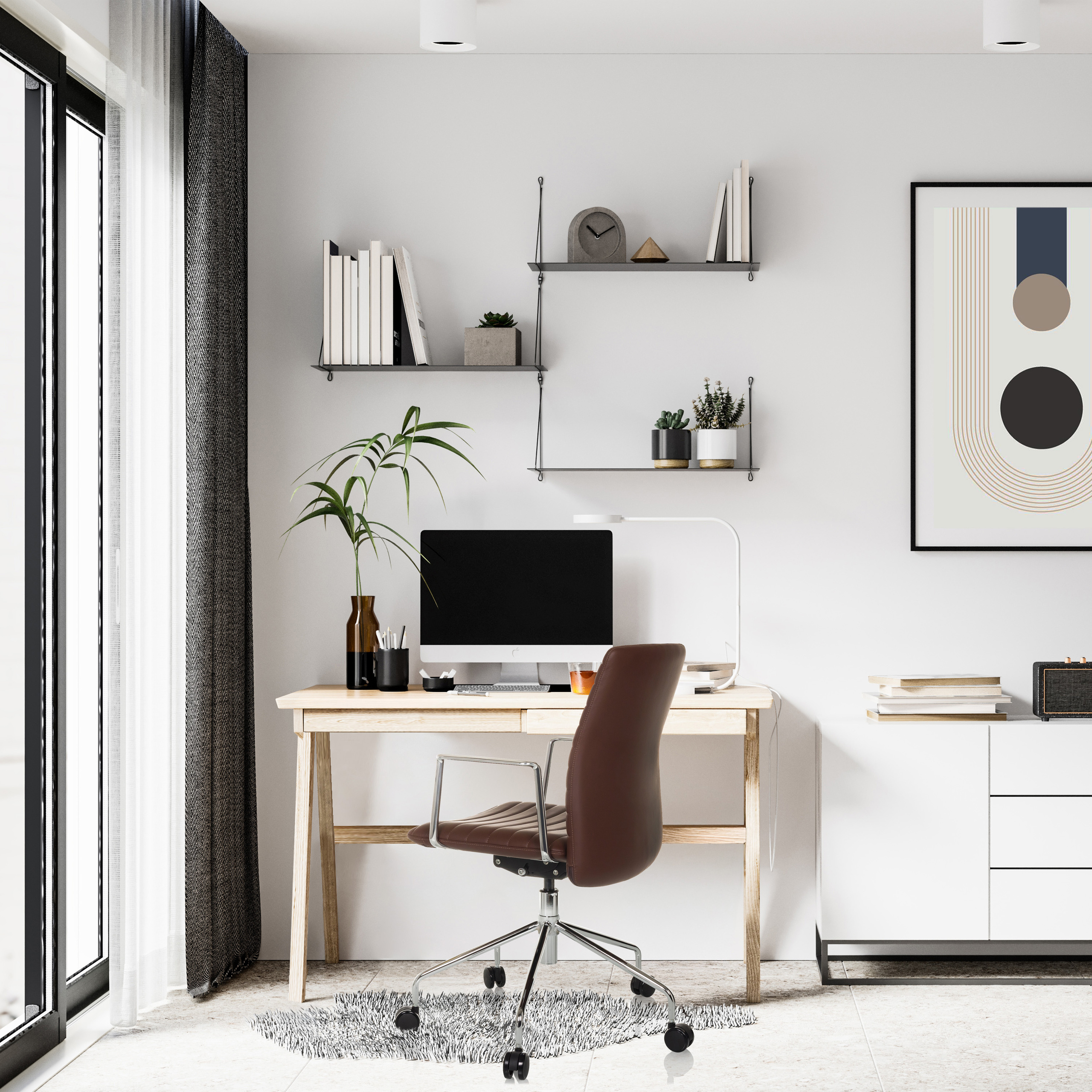 Ein Homeoffice mit Schreibtisch, Stuhl und Computer.