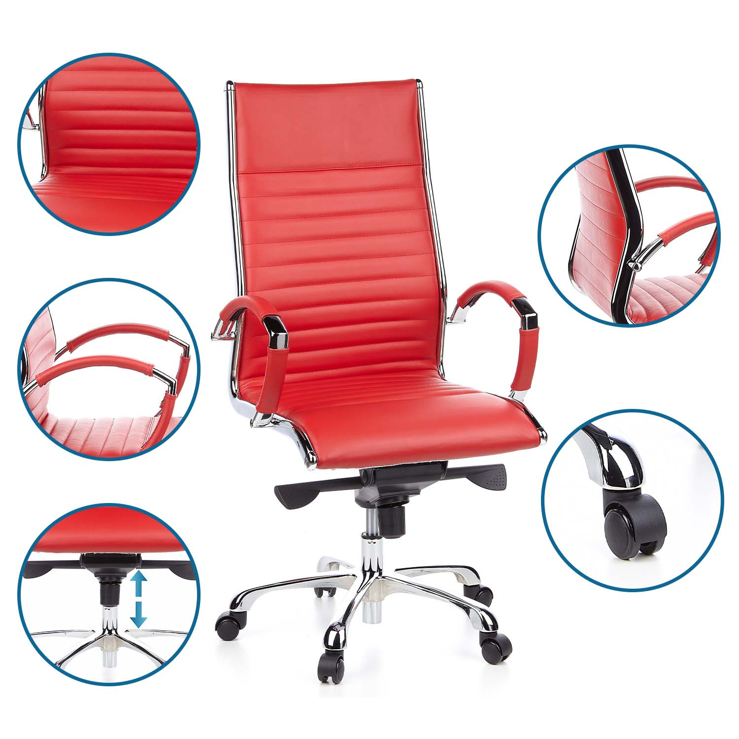 Roter Leder-Bürostuhl mit verschiedenen hervorgehobenen Merkmalen. Inklusive Armlehnen, Rollen und höhenverstellbar.