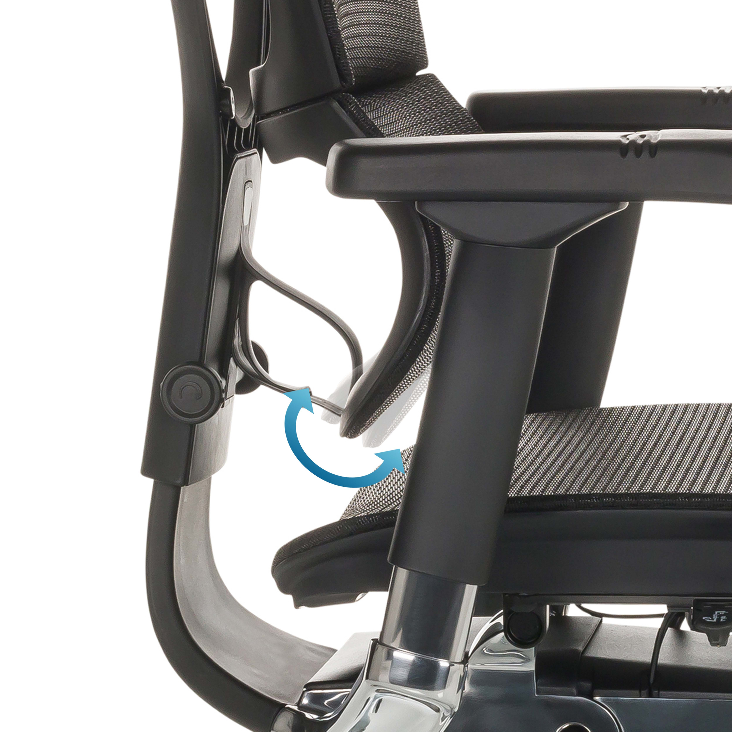 Nahaufnahme des Mechanismus eines Bürostuhls. Zeigt, wie sich der Arm verstellt, mit blauem Pfeil, der die Bewegung anzeigt.