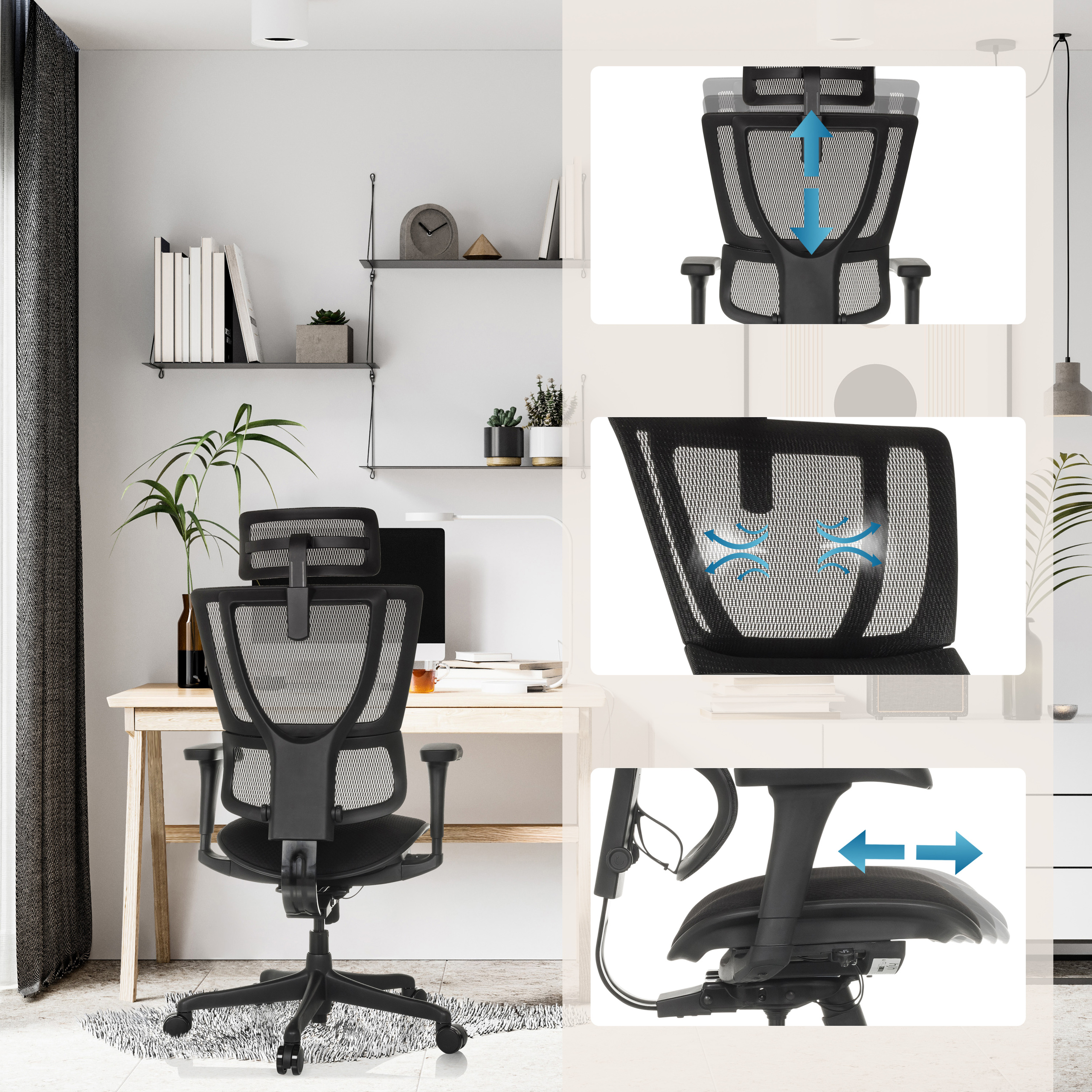 Schwarzer ergonomischer Bürostuhl mit verstellbarer Kopfstütze, Rückenlehne und Armlehnen, Detailansichten der Einstellungen.
