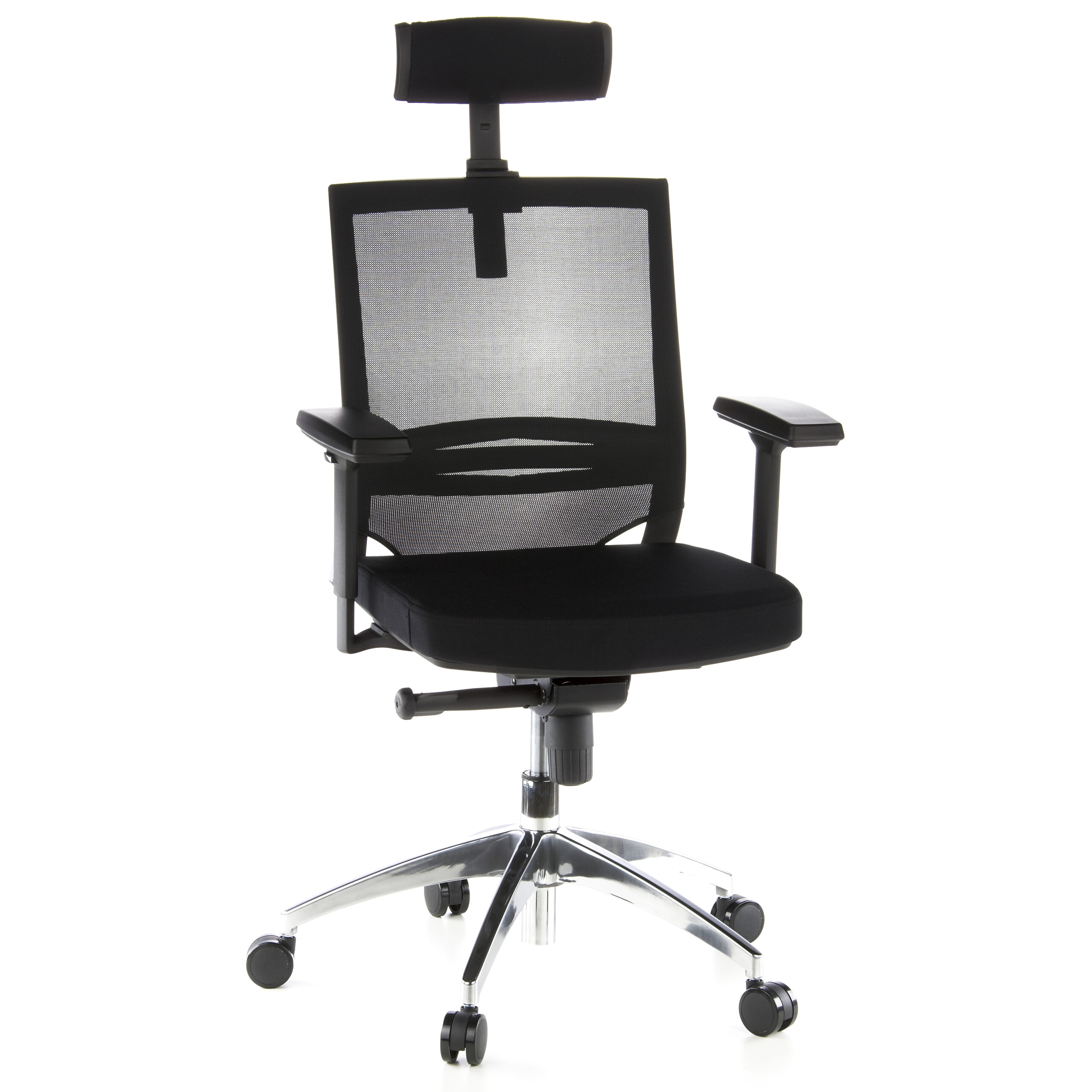 Schwarzer ergonomischer Stuhl mit Kopfstütze und Netzrücken. Chrombasis und Armlehnen.