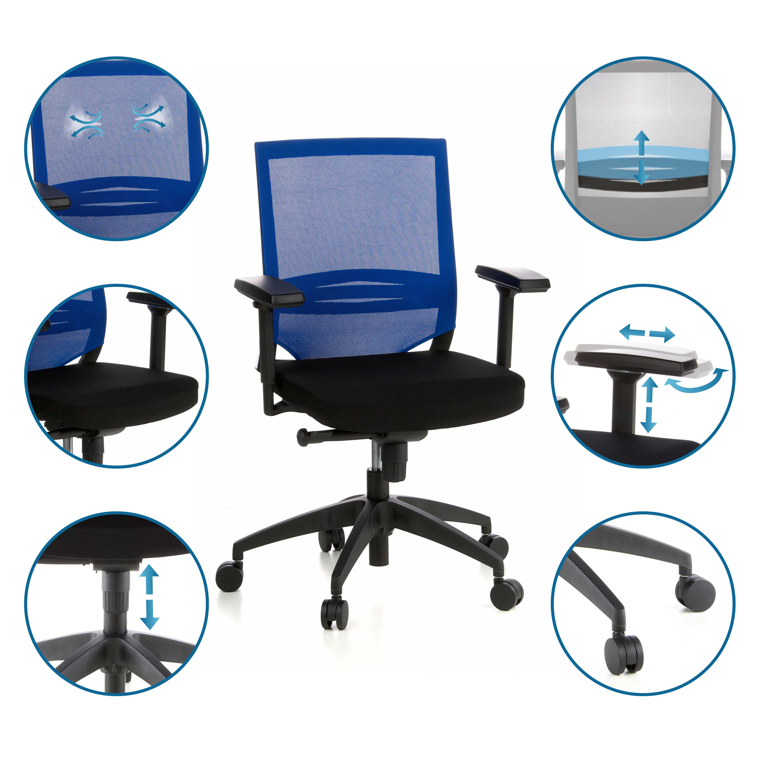 Schwarzer Bürostuhl mit blauem Netzrücken, verstellbare Armlehnen, Sitz und Basis, mit Pfeilen zur Einstellung.