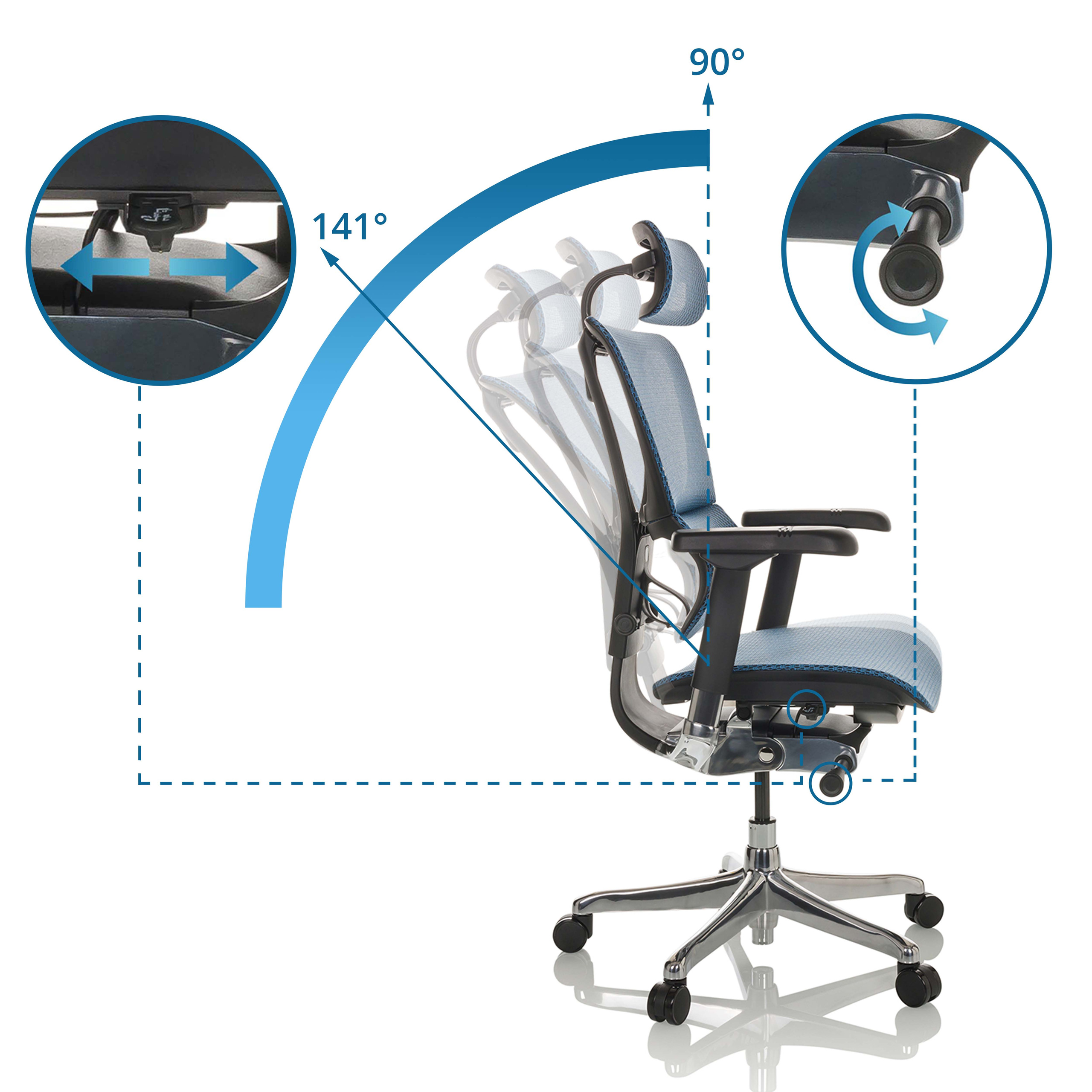 Bürostuhl mit grünem Netzrücken, Kopfstütze und Armlehnen, silbernes Gestell.