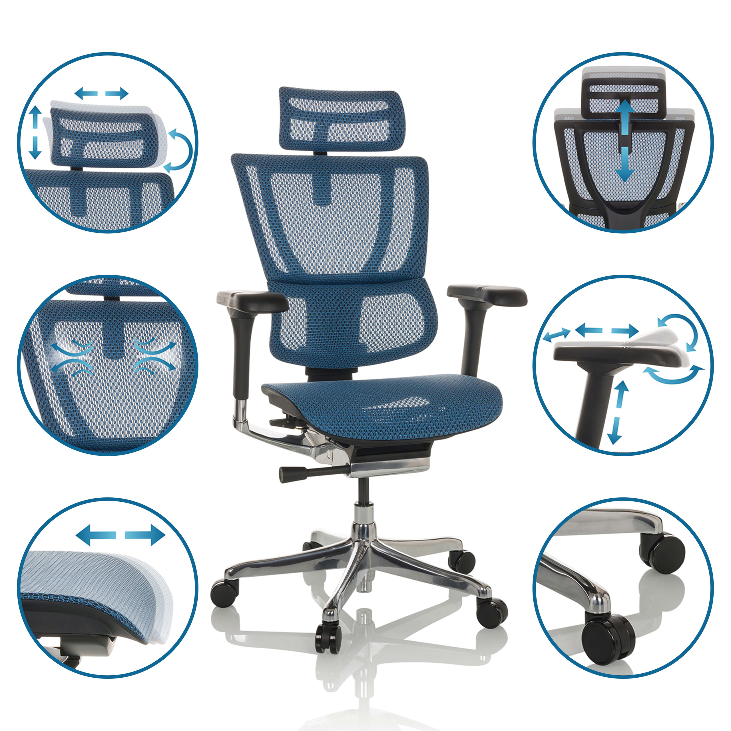 Blauer Netz-Bürostuhl mit verstellbarer Kopfstütze, Armlehnen und Sitz, Chromfuß.