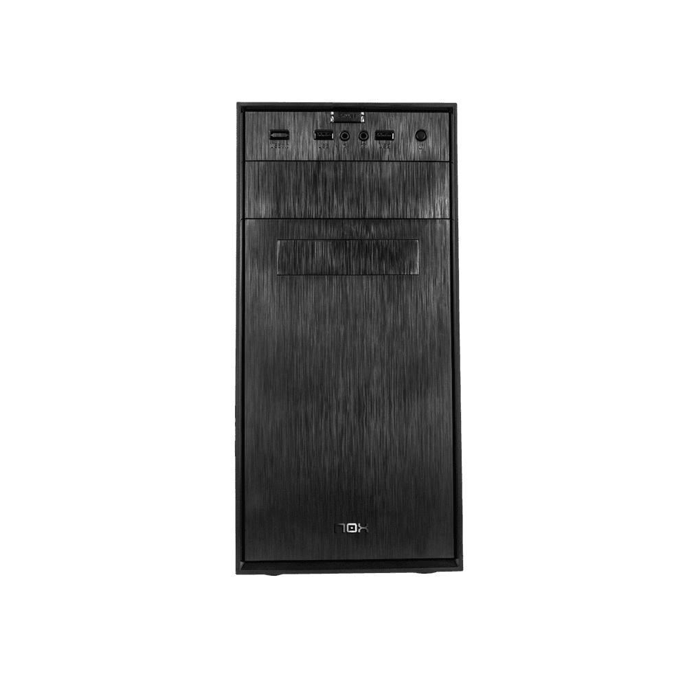 Vista frontal de una carcasa de ordenador negra. Tiene un acabado de metal cepillado y varios puertos.