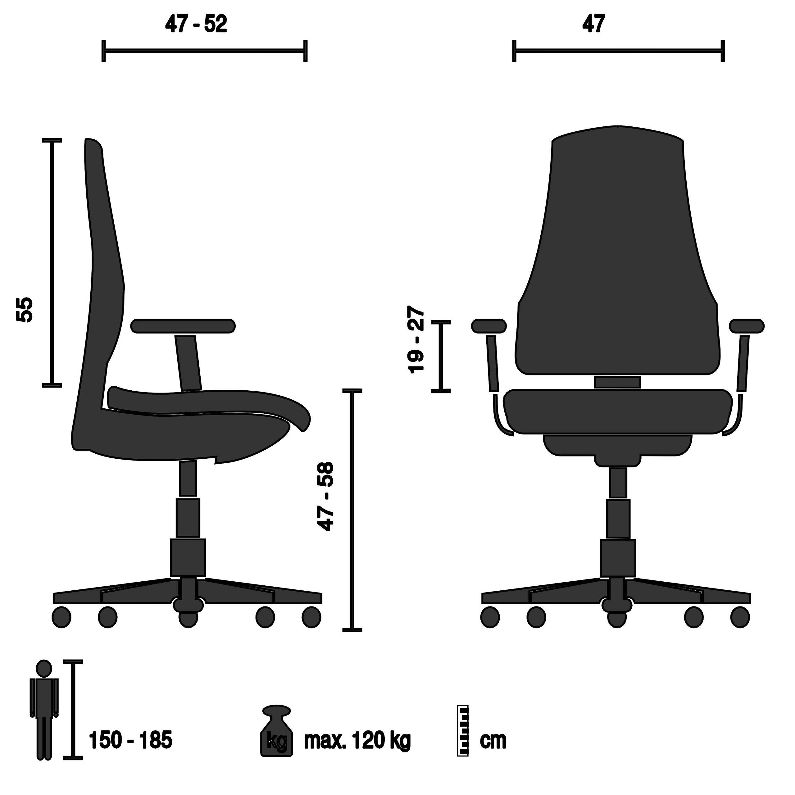 Diagramm der Bürostuhlabmessungen mit Maßen und eine Silhouette einer Person.