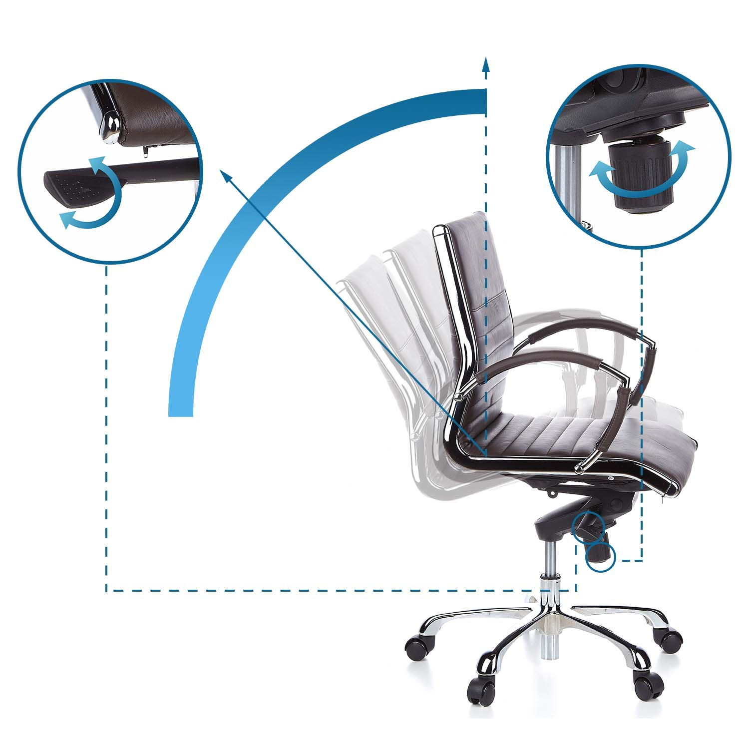 Bürostuhl mit Kipp- und Verstellfunktionen in blau hervorgehobenen Kreisen.