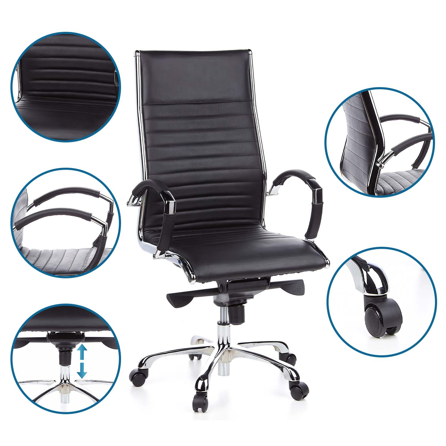 Schwarzer Leder-Bürostuhl mit Chromakzenten, höhenverstellbar und Armlehnen auf Weiß.