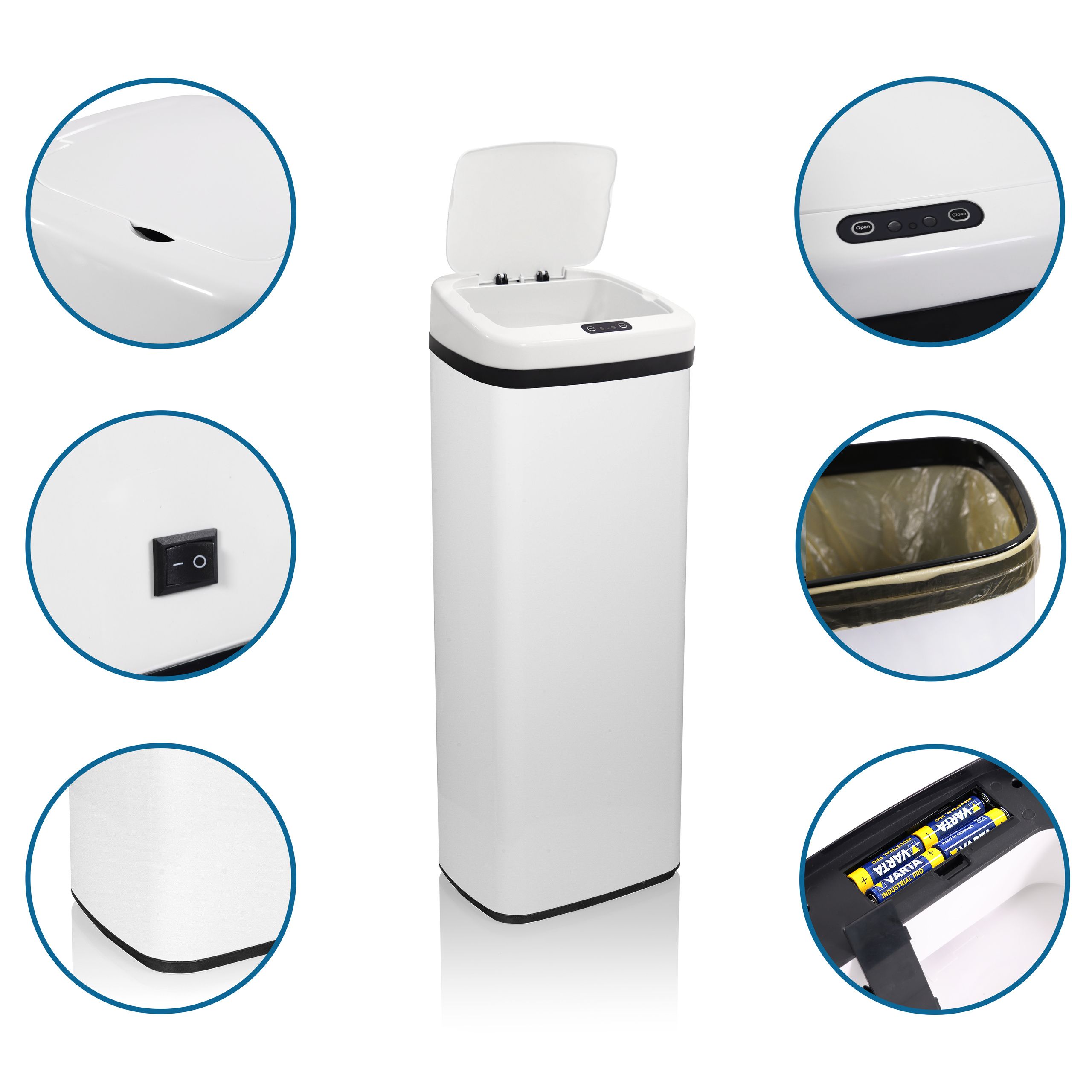 Ein weißer rechteckiger Mülleimer mit Details von Deckel, Schalter und Batterien.