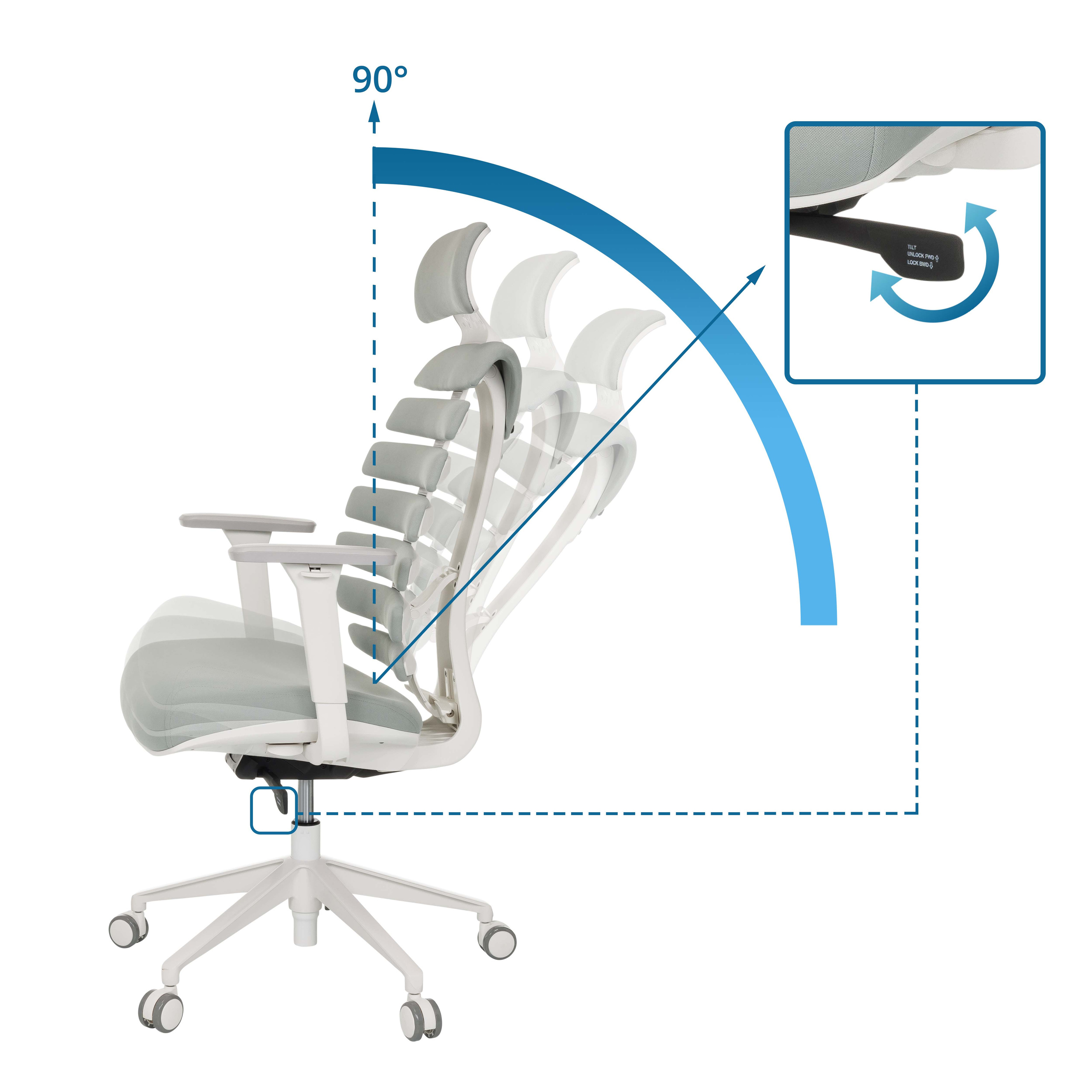 Weiß-grauer ergonomischer Stuhl mit Diagrammen, die Einstellungen zeigen. Mit Kopfstütze und Armlehnen.
