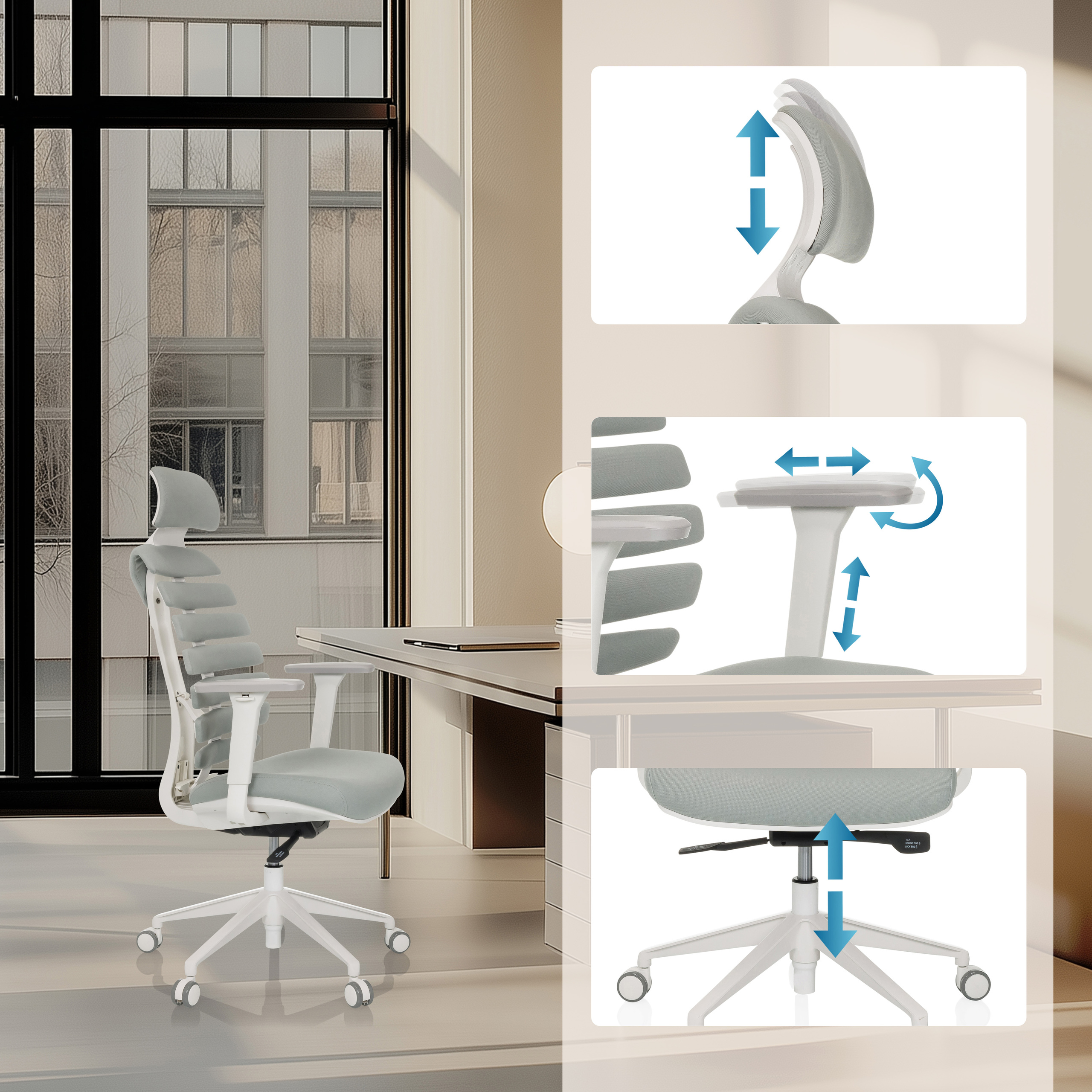 Weiß-grauer ergonomischer Stuhl mit Diagrammen, die Einstellungen zeigen. Mit Kopfstütze und Armlehnen.