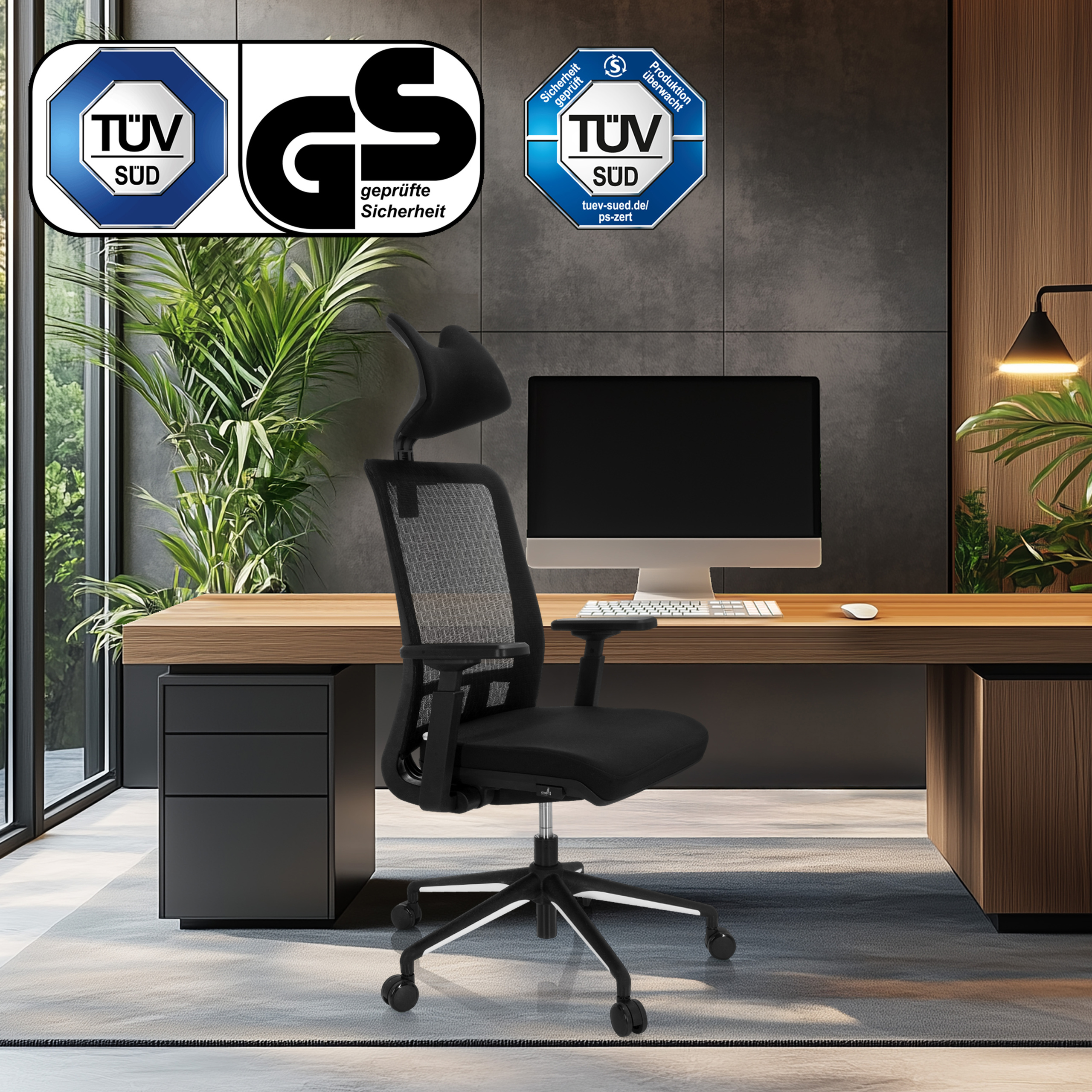 Büroszene mit schwarzem Bürostuhl, Schreibtisch, Computer und grüner Pflanze, modernes Design.