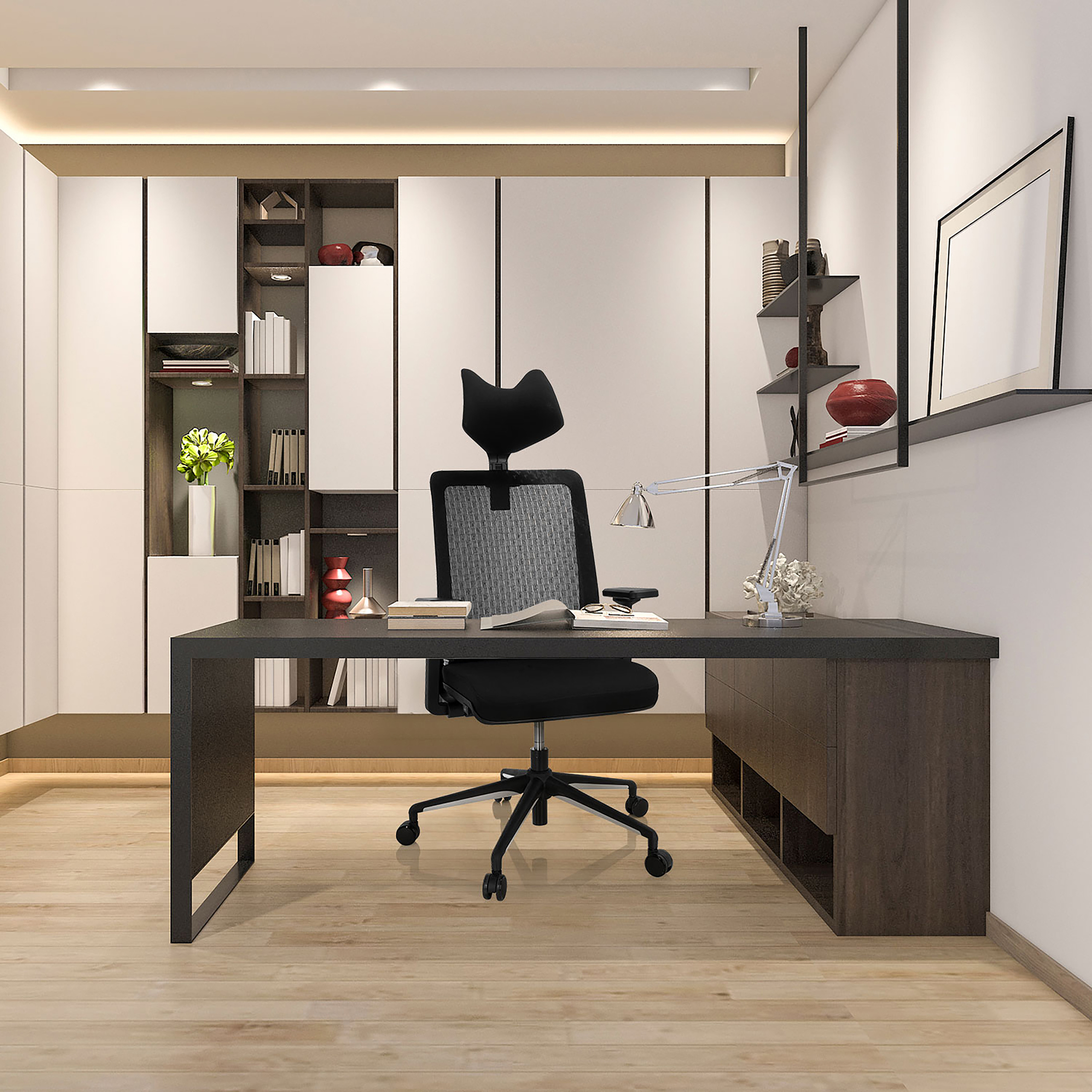 Ein Bürointerieur mit schwarzem Schreibtisch und Stuhl. Eine Lampe und Dekorationen stehen auf dem Schreibtisch.