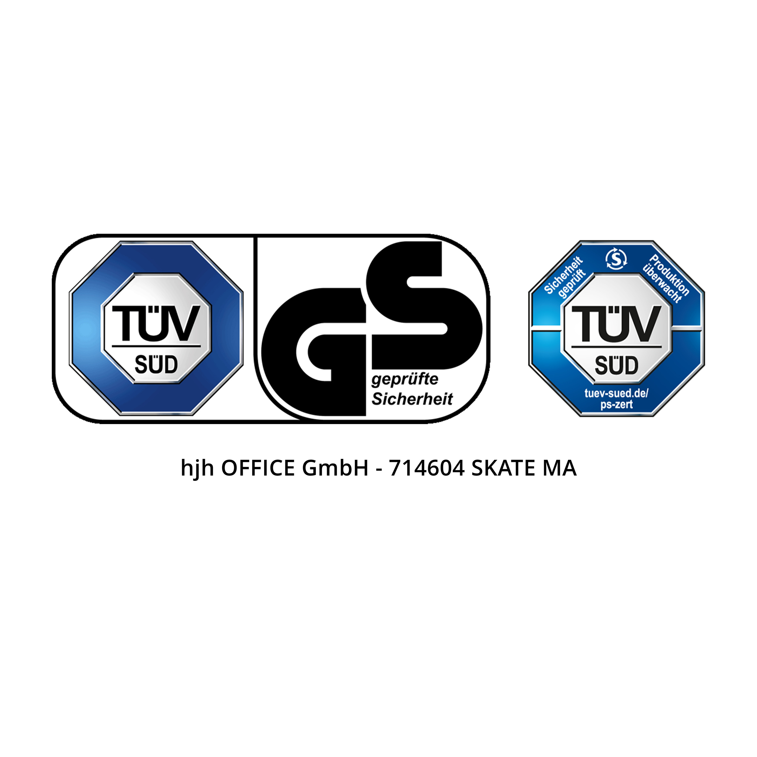 Logos von TUV SUD und GS Geprüfte Sicherheit, die Produktsicherheit und Zertifizierung anzeigen.