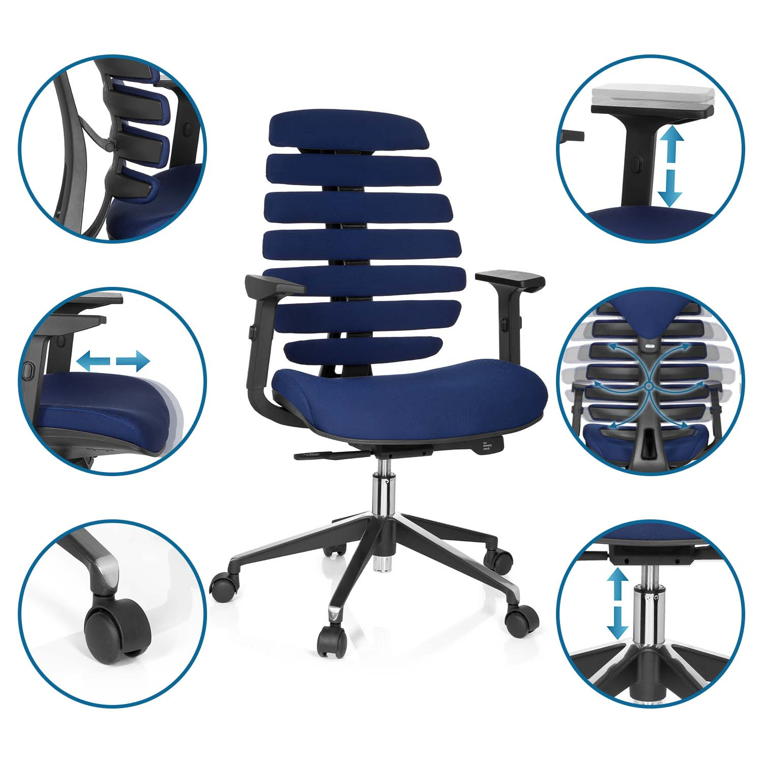 Bürostuhl mit blauem Sitz und Rückenlehne, schwarzem Rahmen und Rädern.