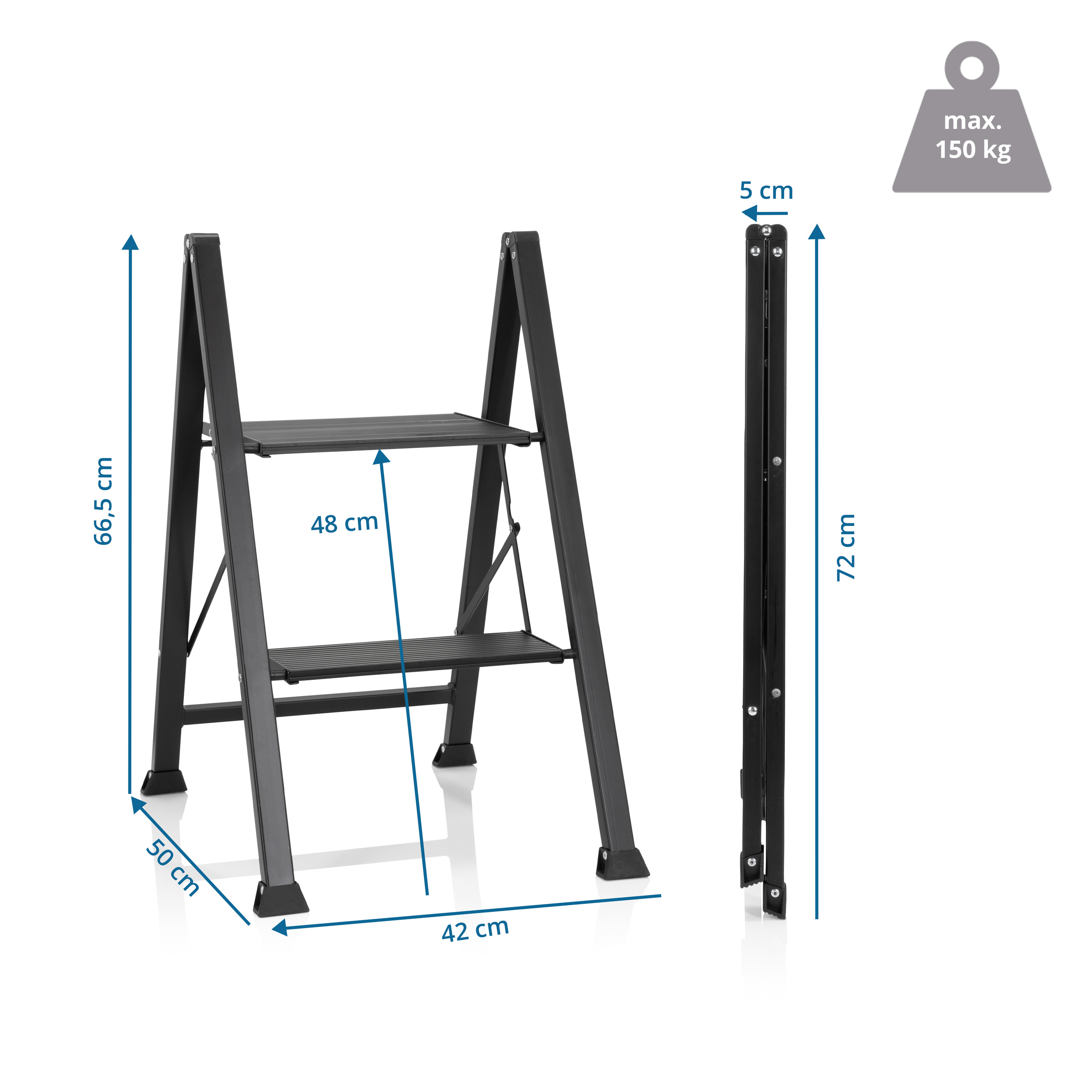 Abmessungen der Trittleiter: Höhe 66,5 cm, Breite 42/50 cm, Stufenbreite 48 cm, gefaltet: 72 cm.
