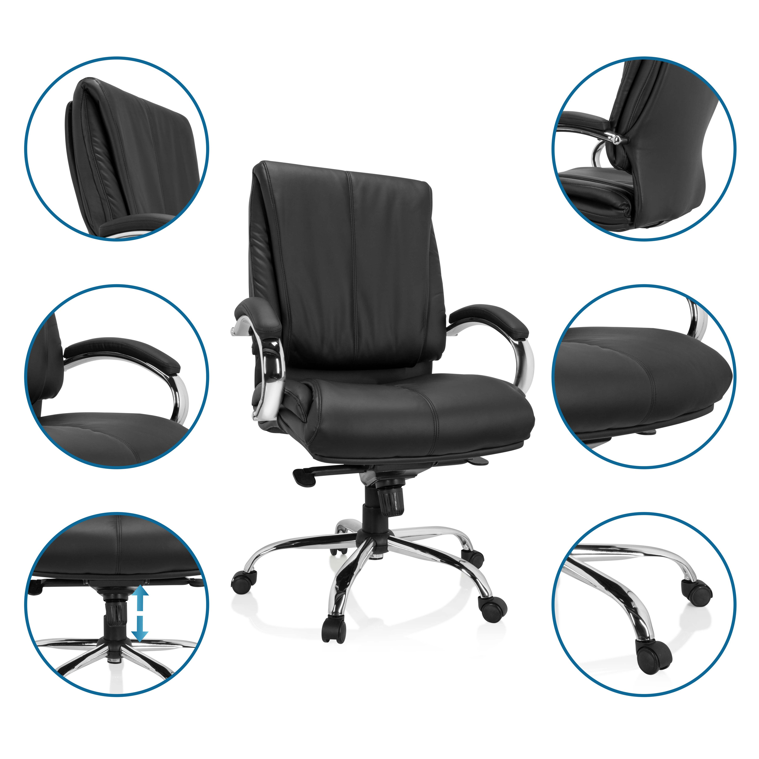 Schwarzer Leder-Bürostuhl mit verstellbaren Funktionen, mit Diagrammen, die die Einstellungen zeigen.