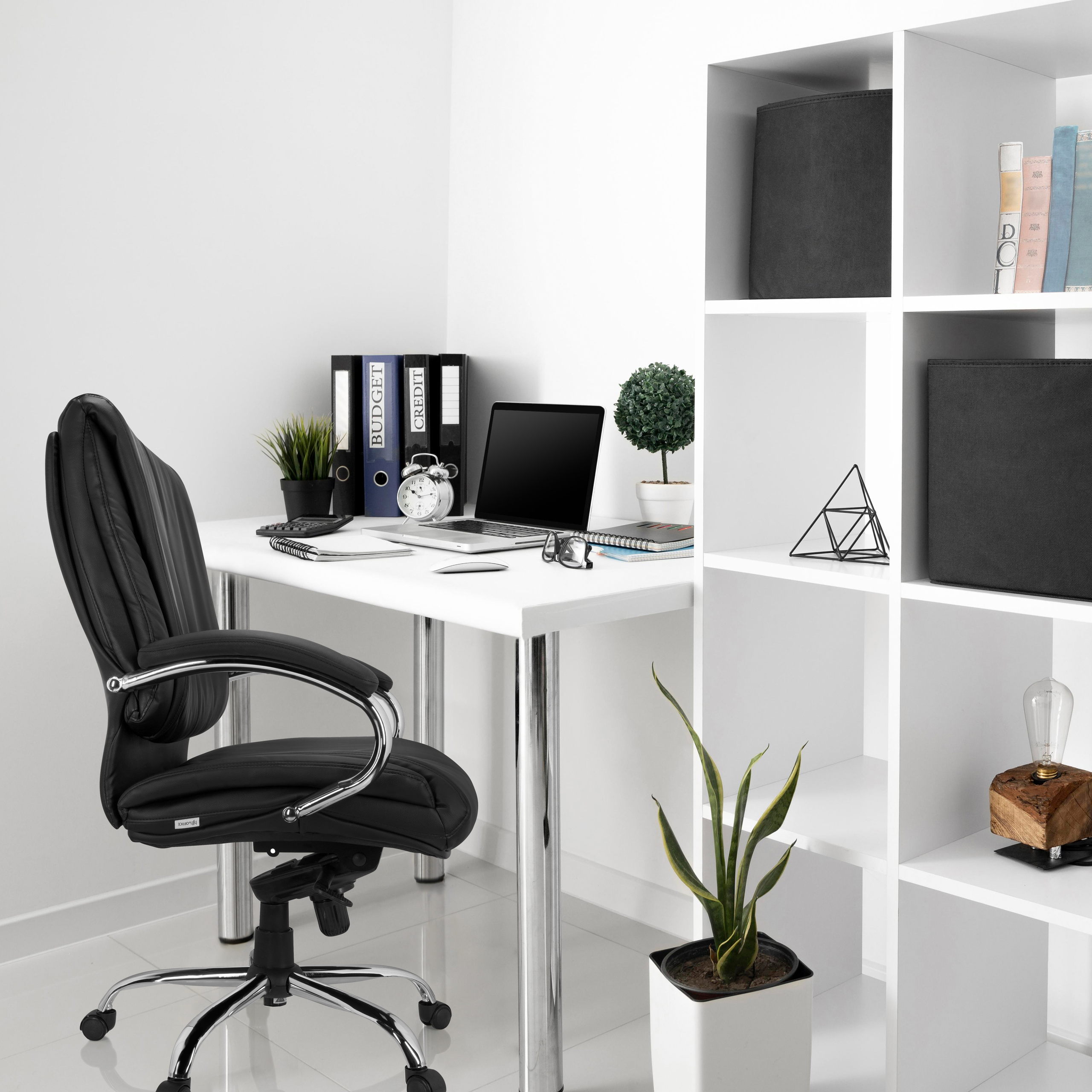 Büro mit schwarzem Stuhl, weißem Schreibtisch, Laptop, Akten, Pflanze und Regal.