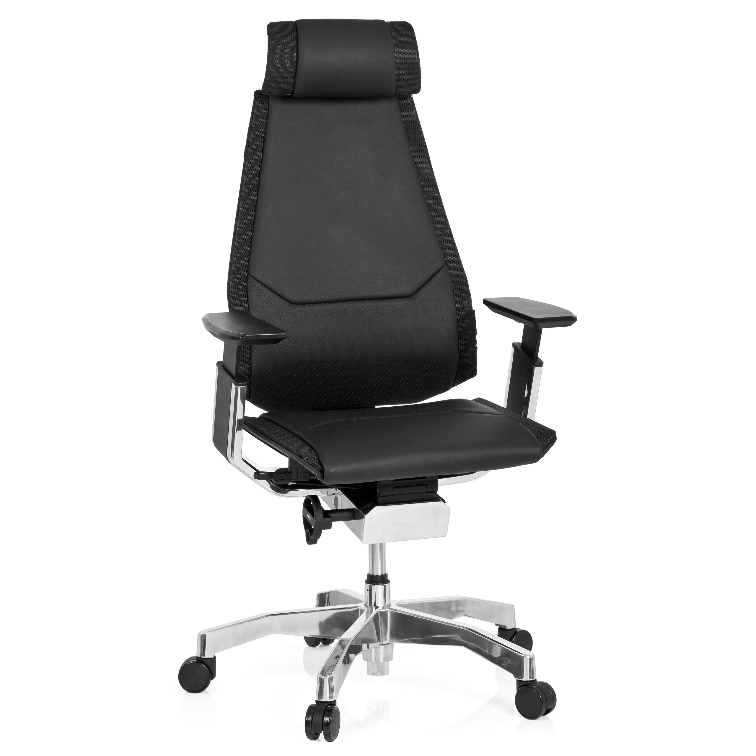 Das Bild zeigt einen Bürostuhl mit weißem und schwarzem Design von der Seite.