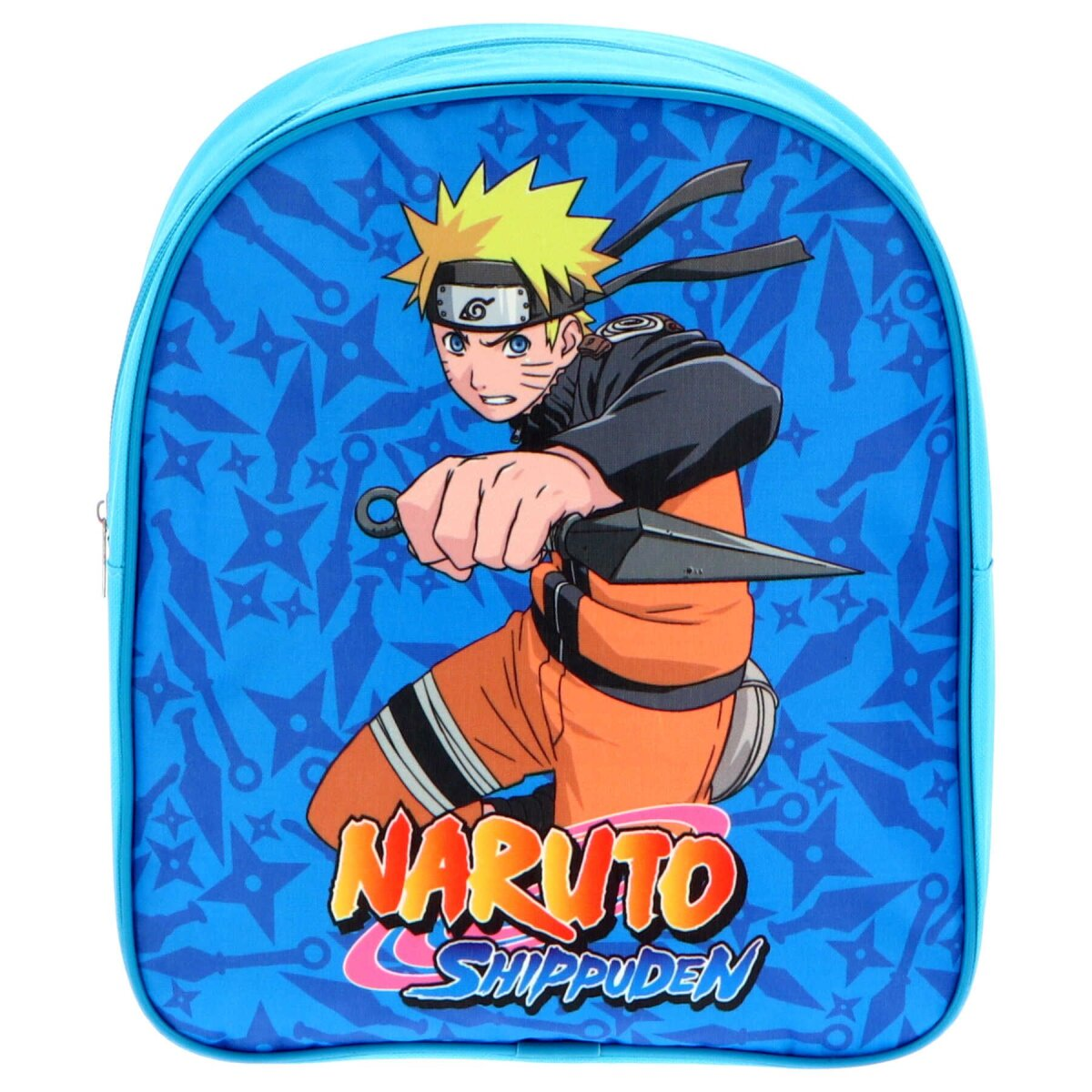 Rucksack mit Naruto. Er ist blau und zeigt Naruto in einer Actionpose. Hat einen Reißverschluss.