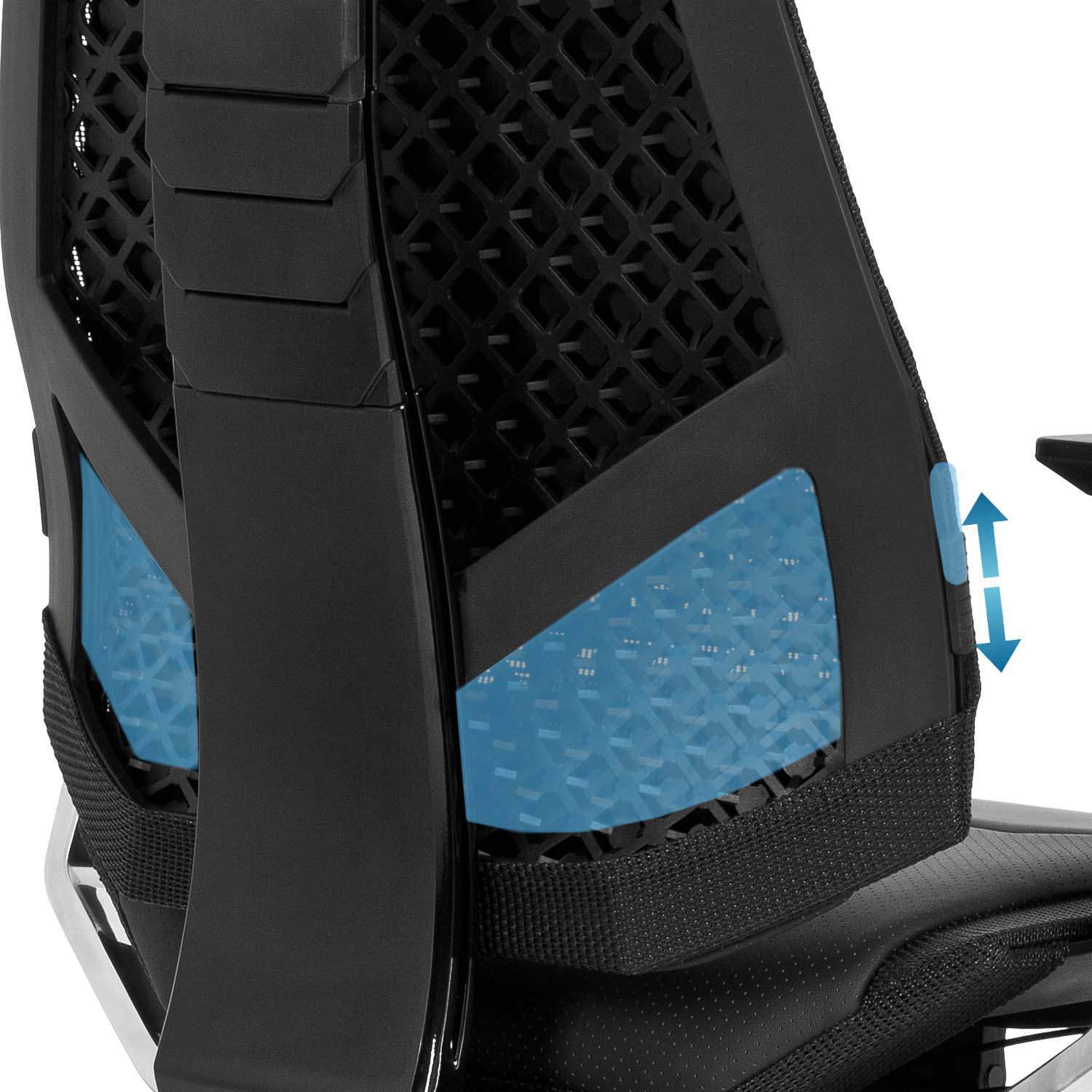 Nahaufnahme des schwarzen Bürostuhlrückens. Zeigt blaues Mesh und Rückenstützdetails.
