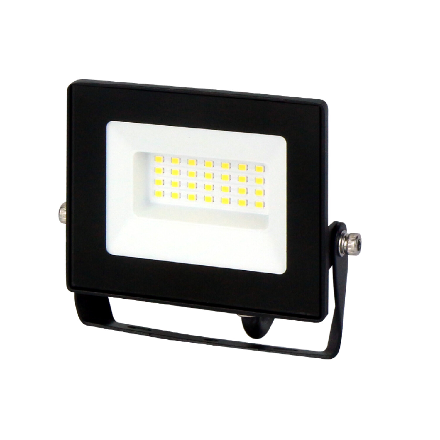 Schwarzer rechteckiger Flutlichtstrahler mit weißem Lichtpaneel. Unten befindet sich eine schwarze Halterung.
