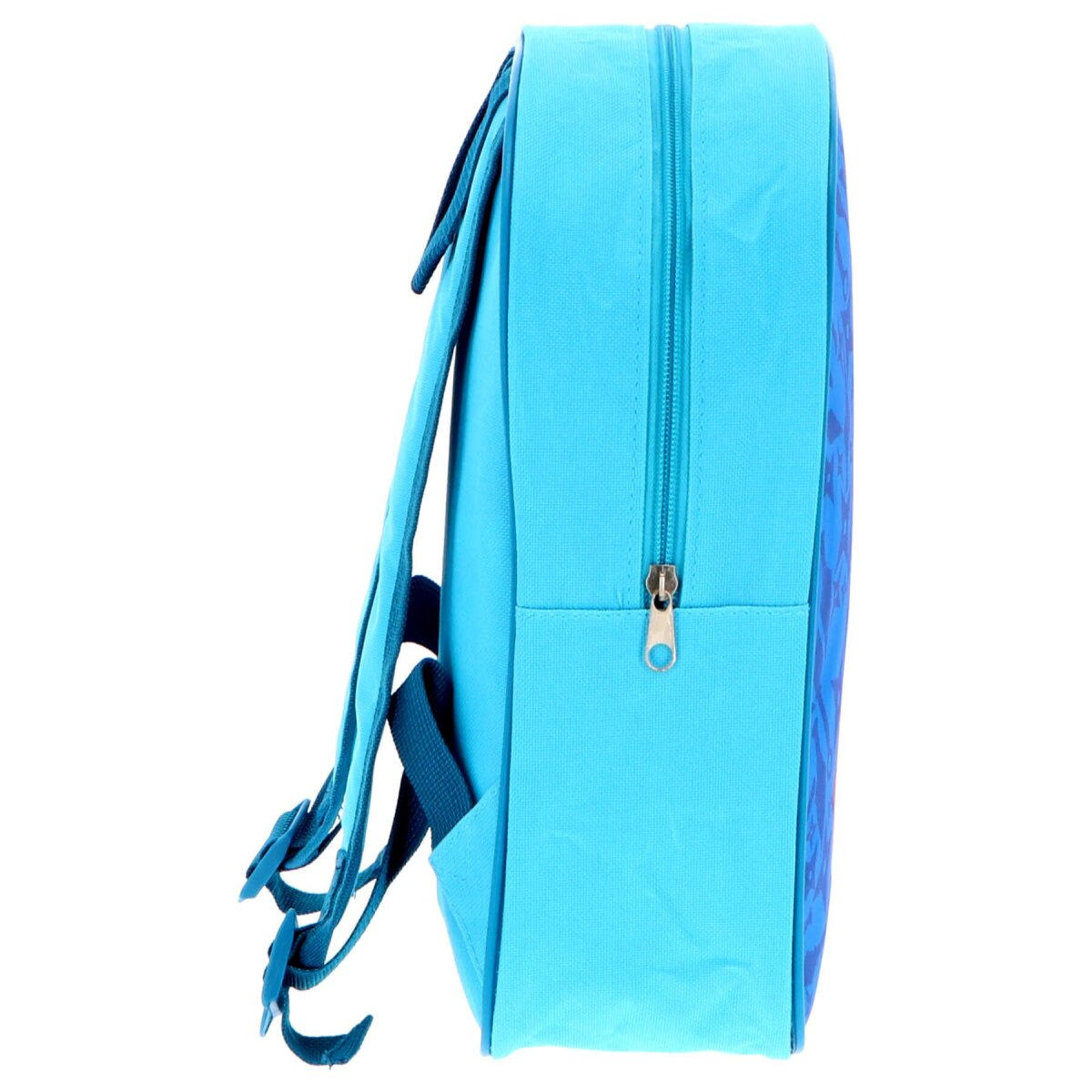 Blaue Seitenansicht eines Rucksacks. Er hat einen Reißverschluss und ein Design.