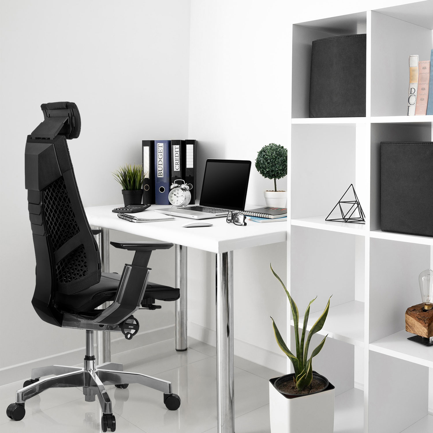 Büro mit schwarzem Stuhl, Schreibtisch und Zubehör. Enthält einen Laptop und Pflanzen.