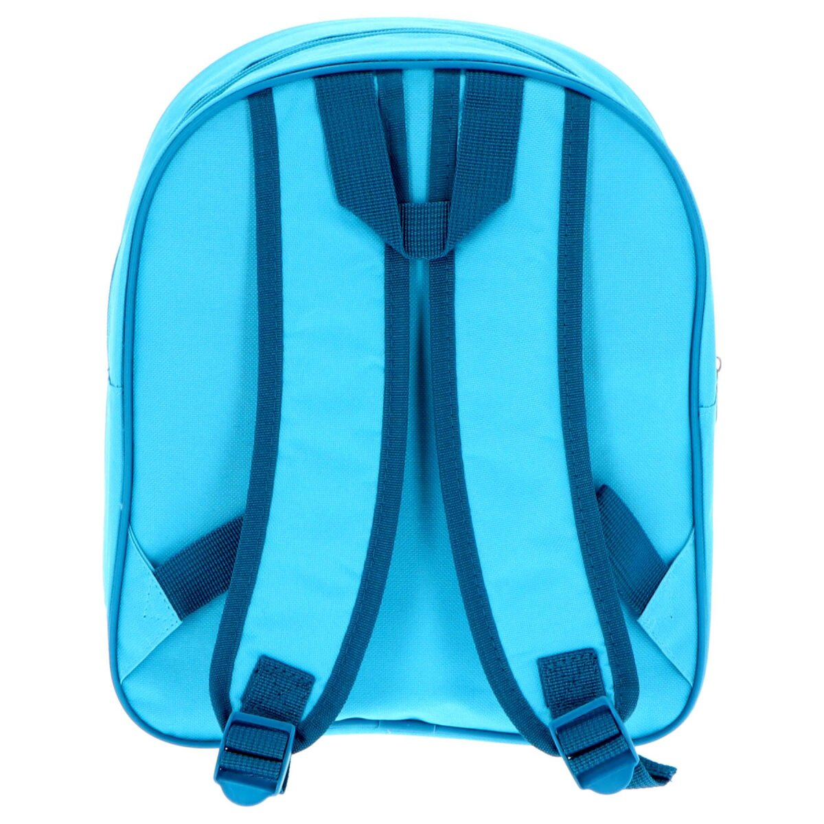 Blauer Rucksack mit blauen Trägern. Die Rückseite des Rucksacks ist sichtbar.
